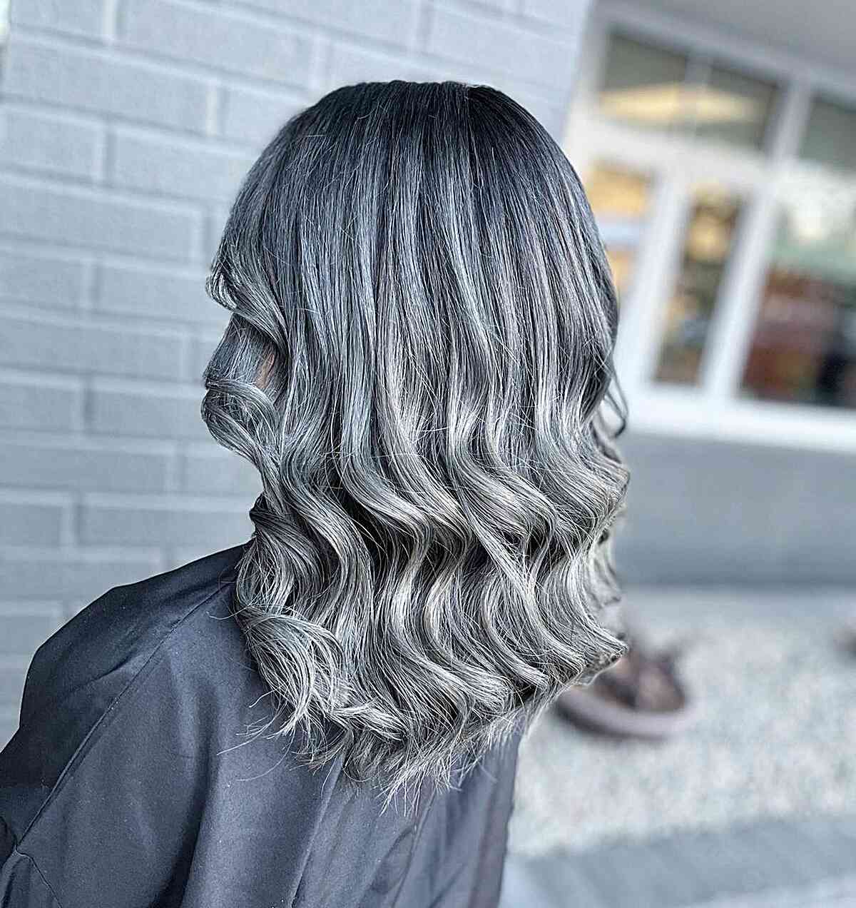 Silver-White Grey Balayage for Medium-Length Waves