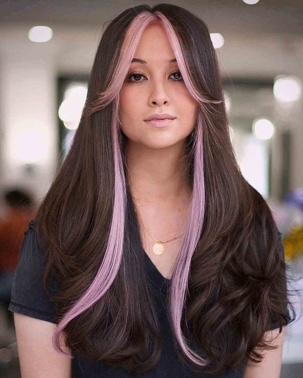 Soft Pink Money Piece on Brown Hair