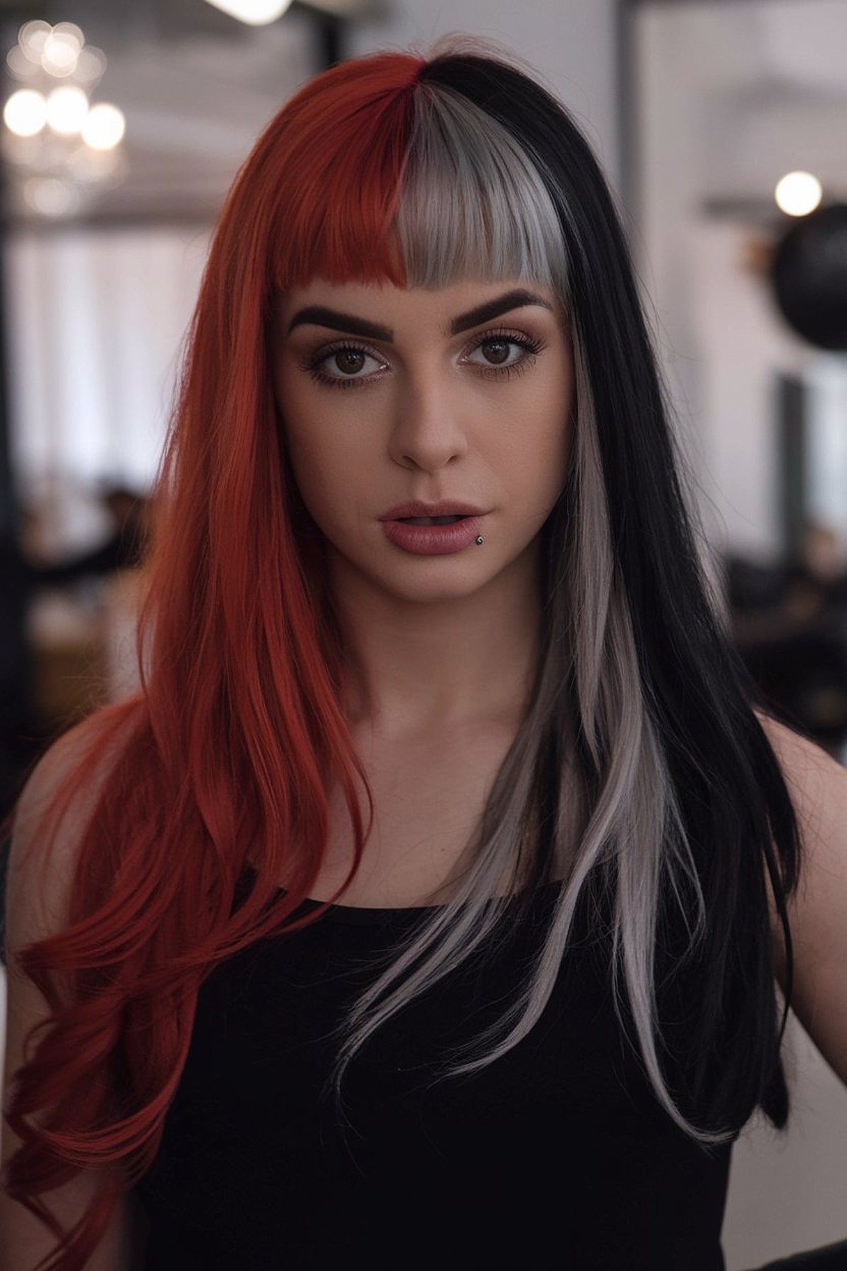 Split-dyed hair in black and red with silver bangs for a striking Halloween look