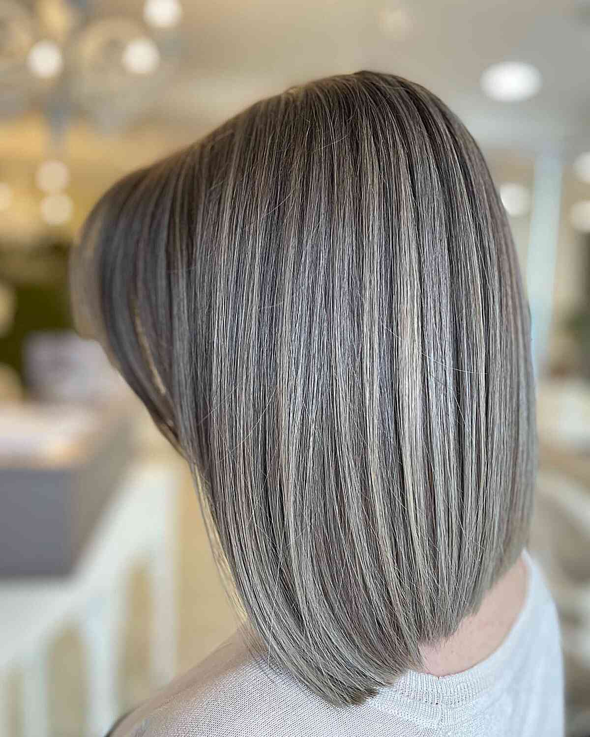 Straight Grey Balayage Lob with Side Bangs