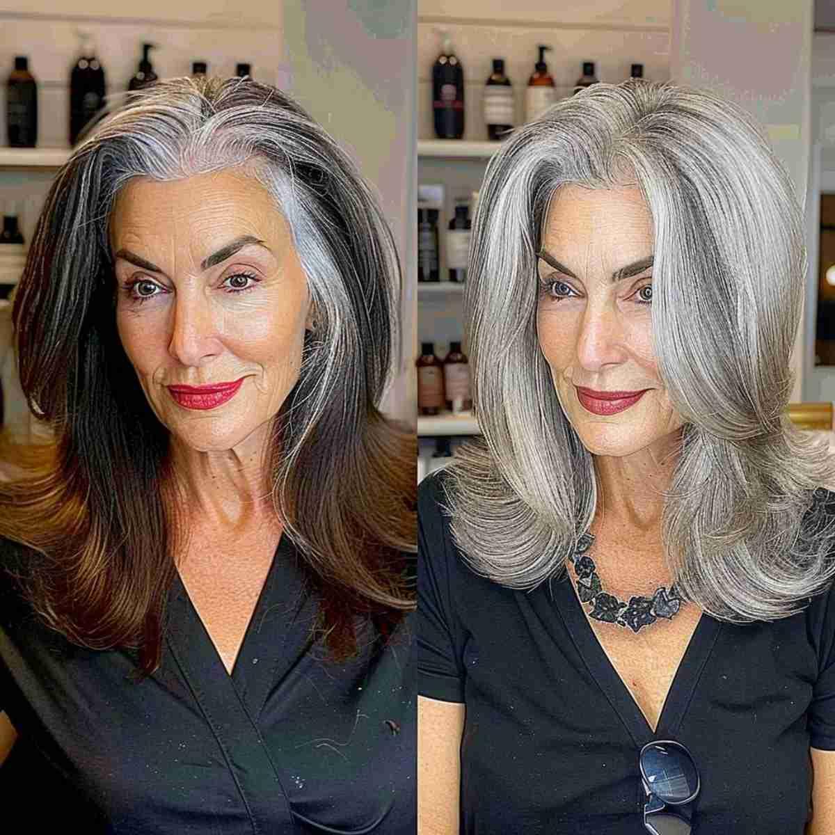 Stylish all-over gray to silver transition for mature women showcasing a layered long bob hairstyle