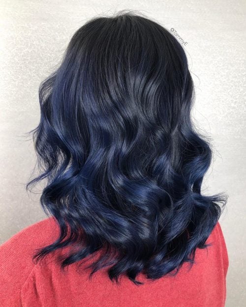 textured black and midnight blue hair color