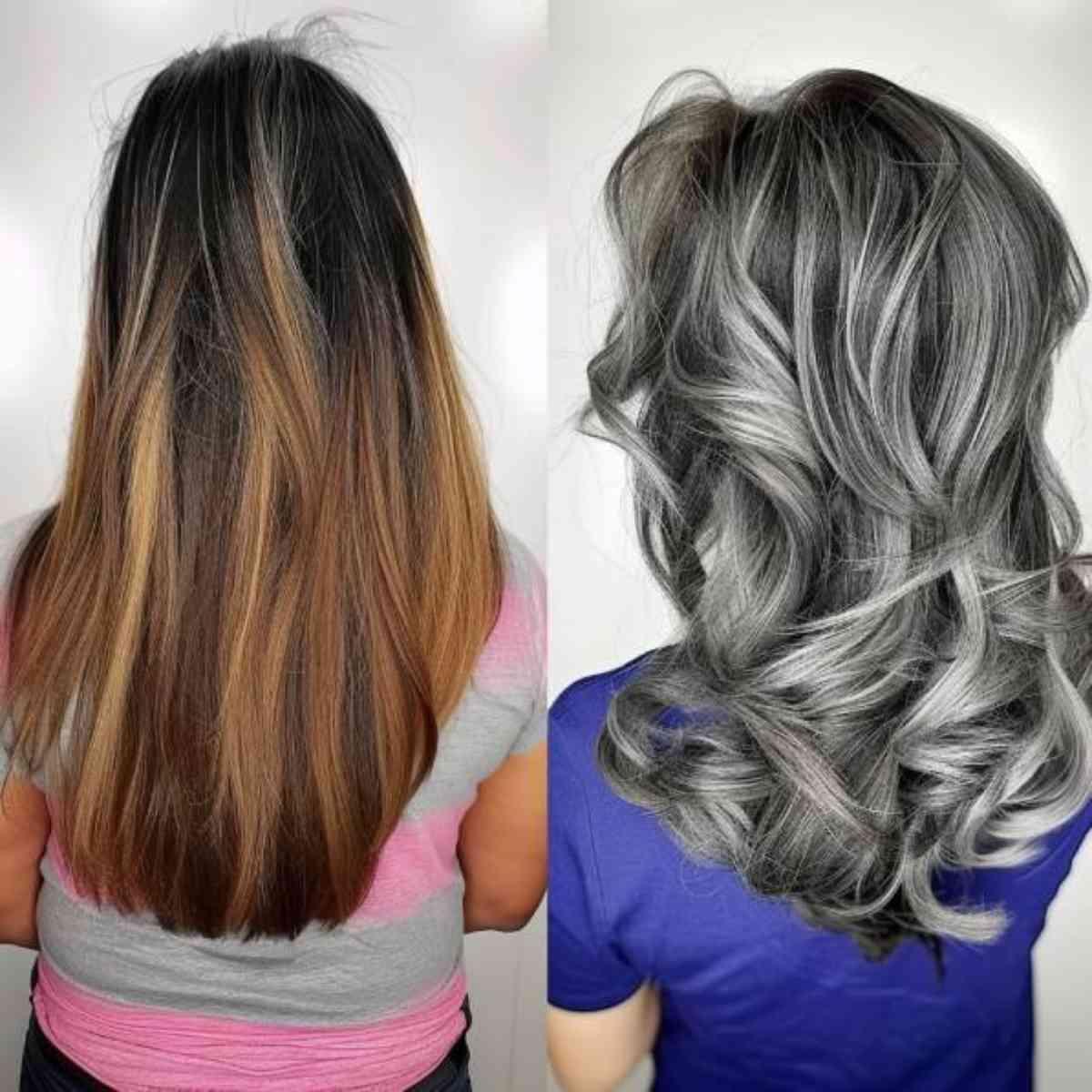 Voluminous salt and pepper balayage curls on medium-length hair