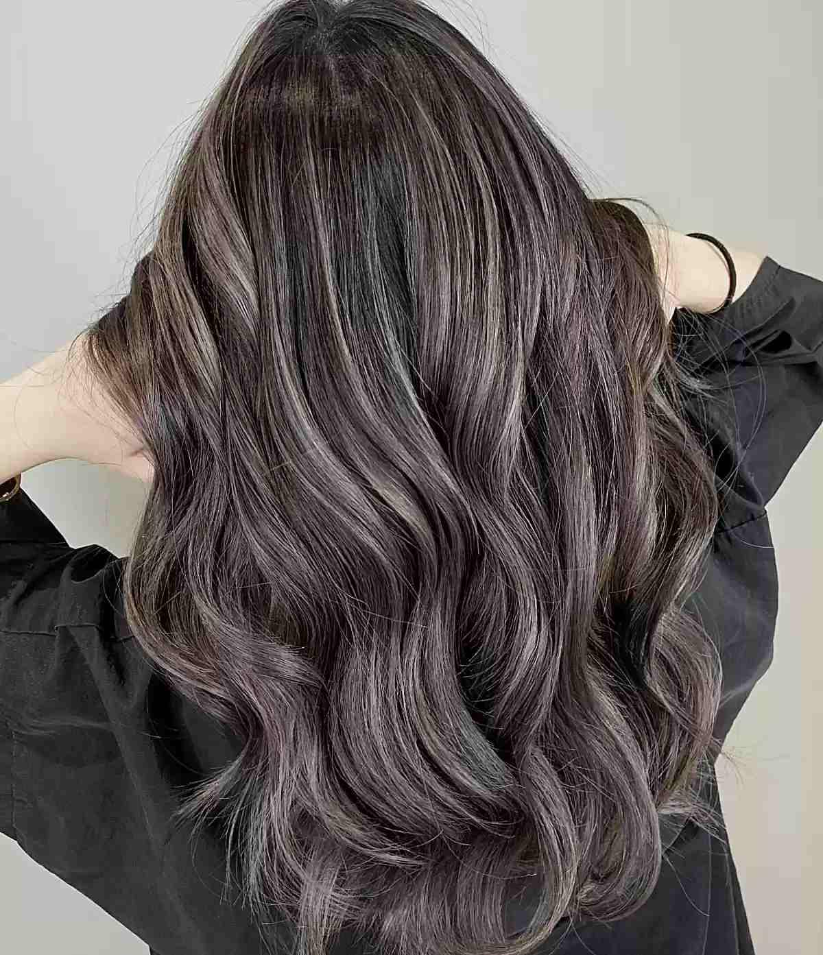 Ashy Sandy Grey Highlights on Long Wavy Brown Hair