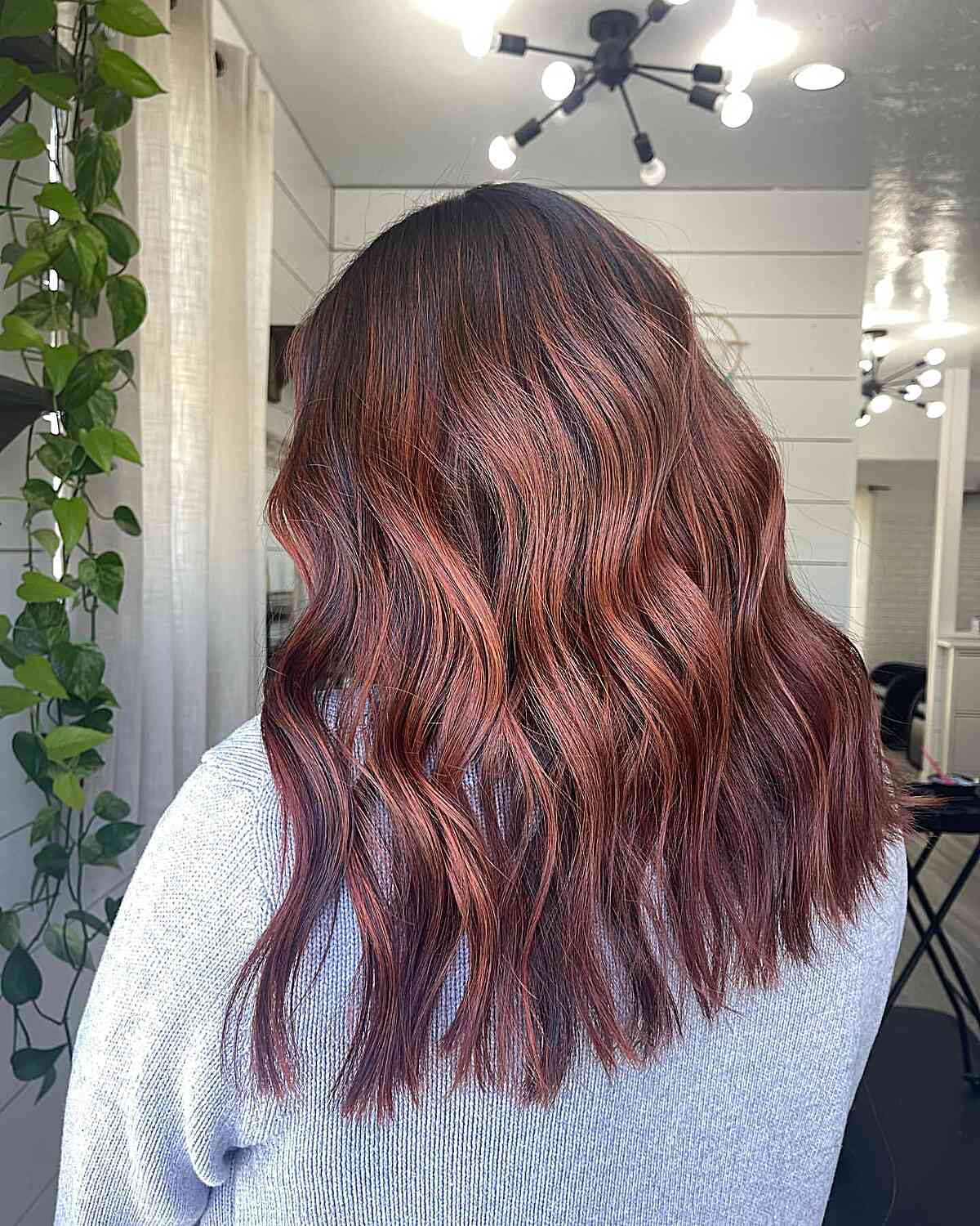 Auburn Red Wavy Balayage Hair with Dark Roots