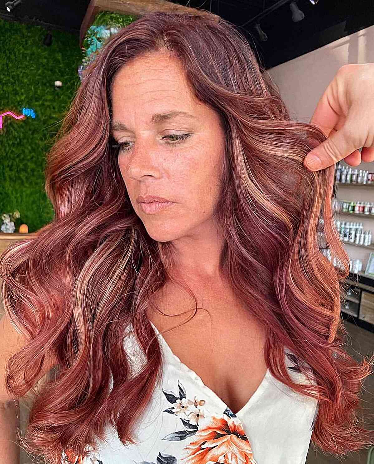 Autumn Long Copper Red Hair with Blonde Highlights for Women Over 50