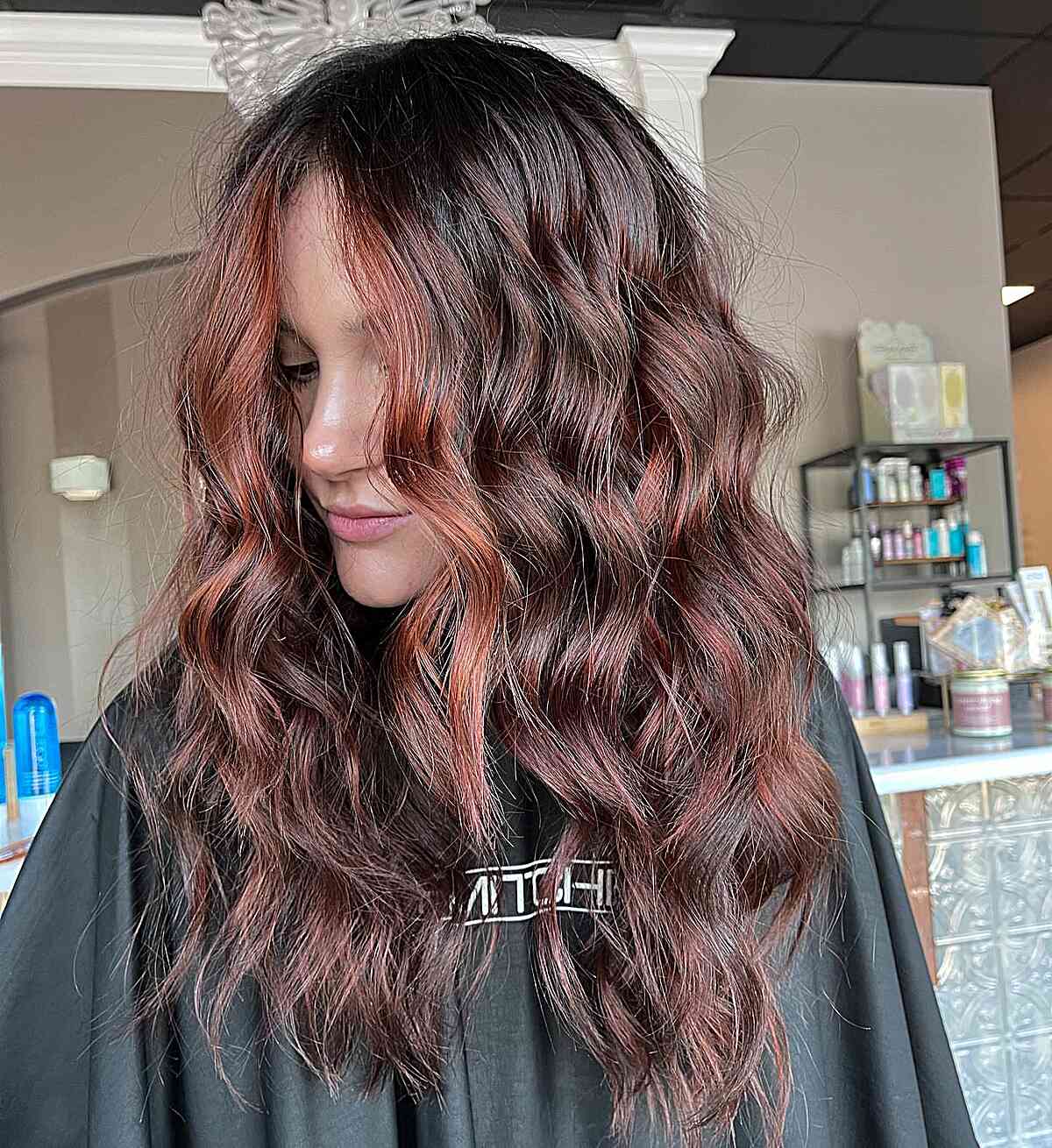 Beachy Waves on Mid-Long Chocolate Auburn Balayage Hair