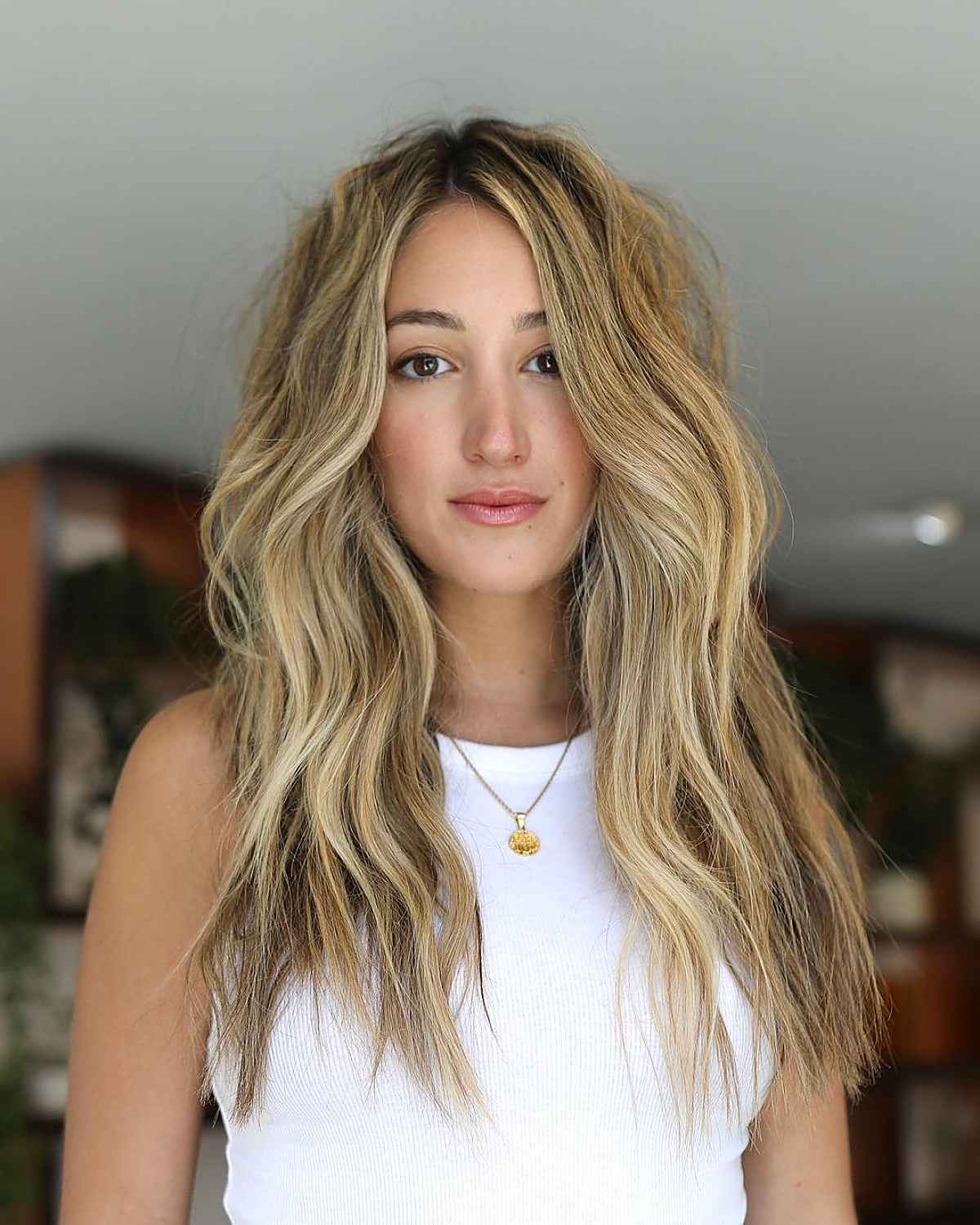 beige blonde with long wavy hair