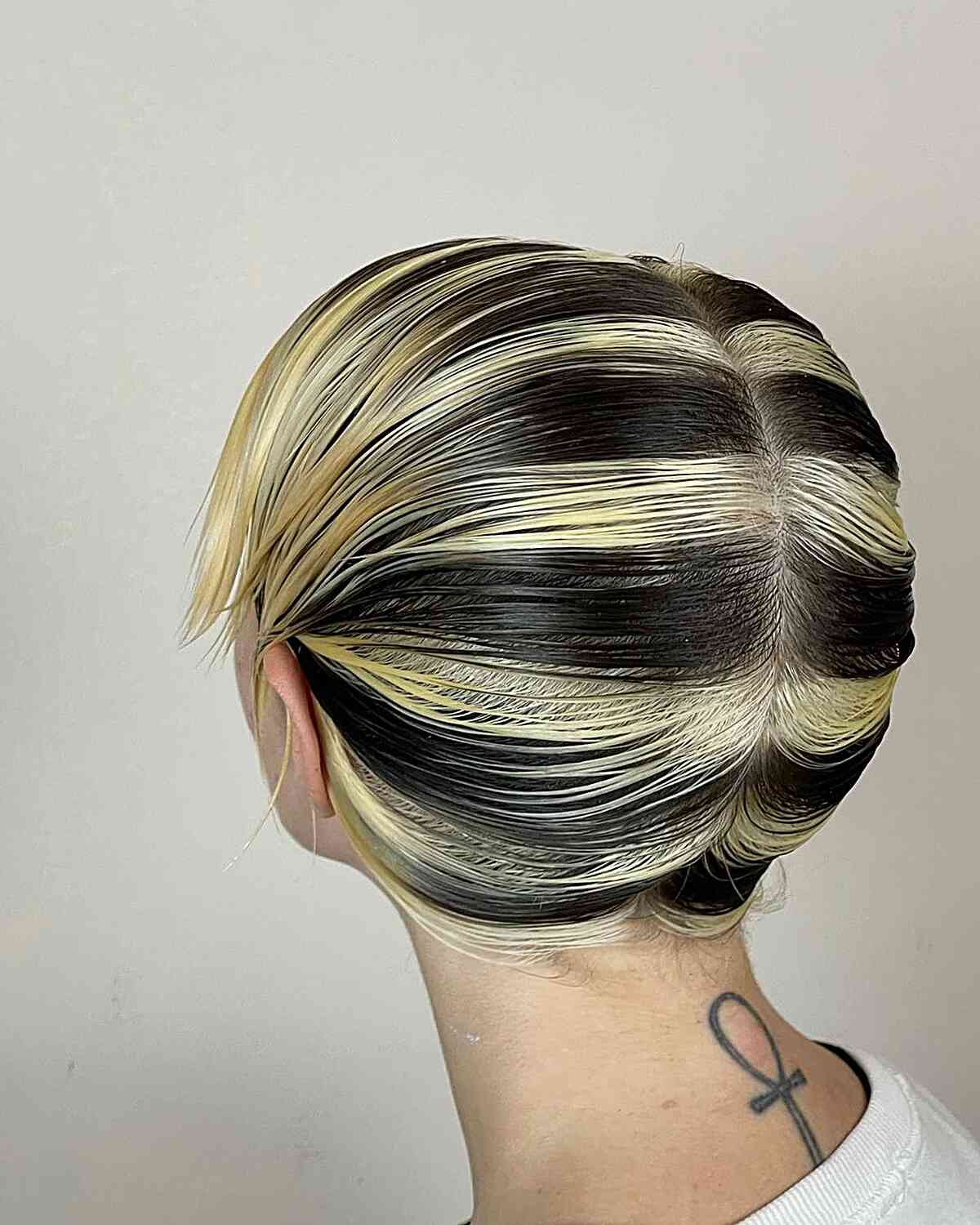 Black and Yellow Skunk Stripes on Sleek Pixie Hair