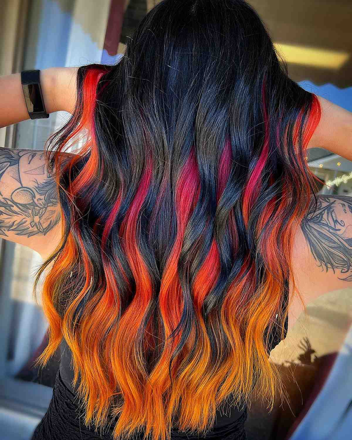 black hair with rainbow ombre balayage