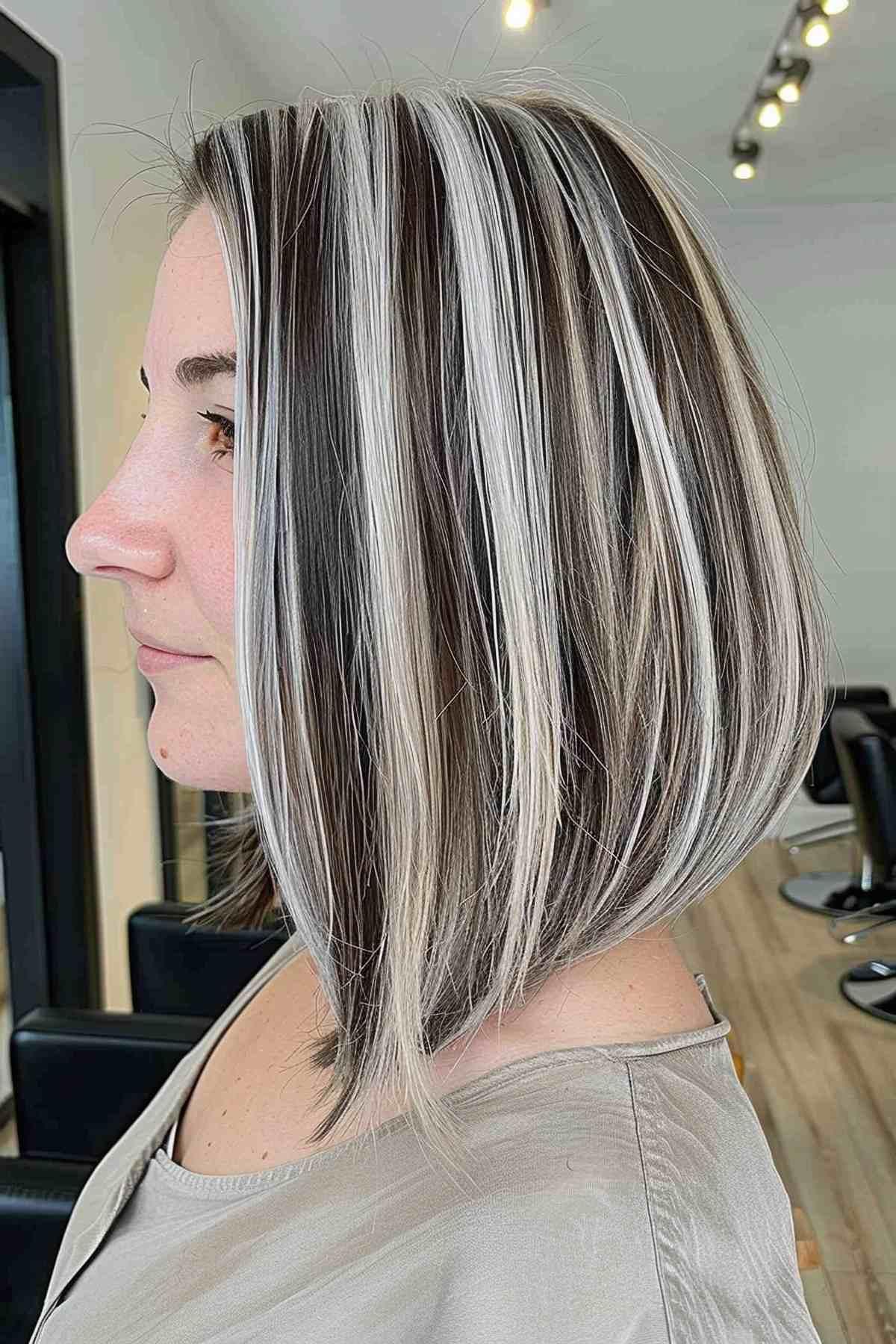 Bob with 90s-inspired blonde skunk stripe and blunt cut