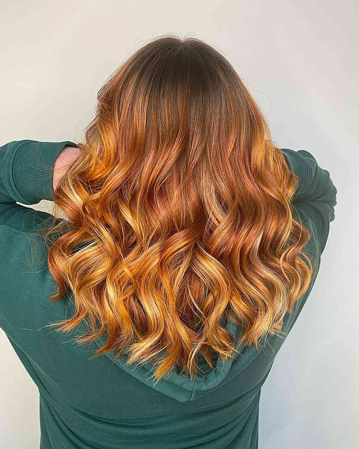 Bright Pumpkin Spice Balayage Highlights with Shadow Root for Medium Hair