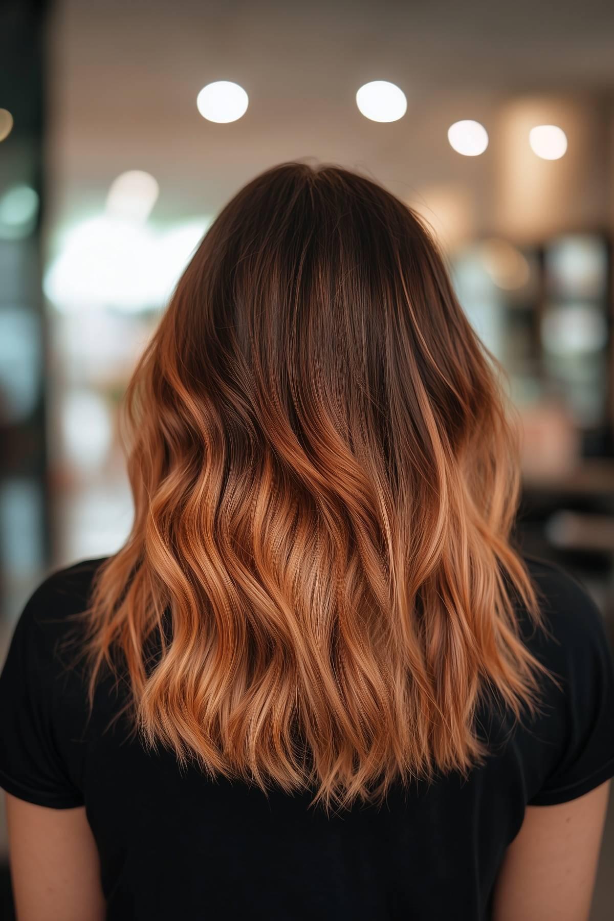 Brown to light copper ombre wavy hairstyle