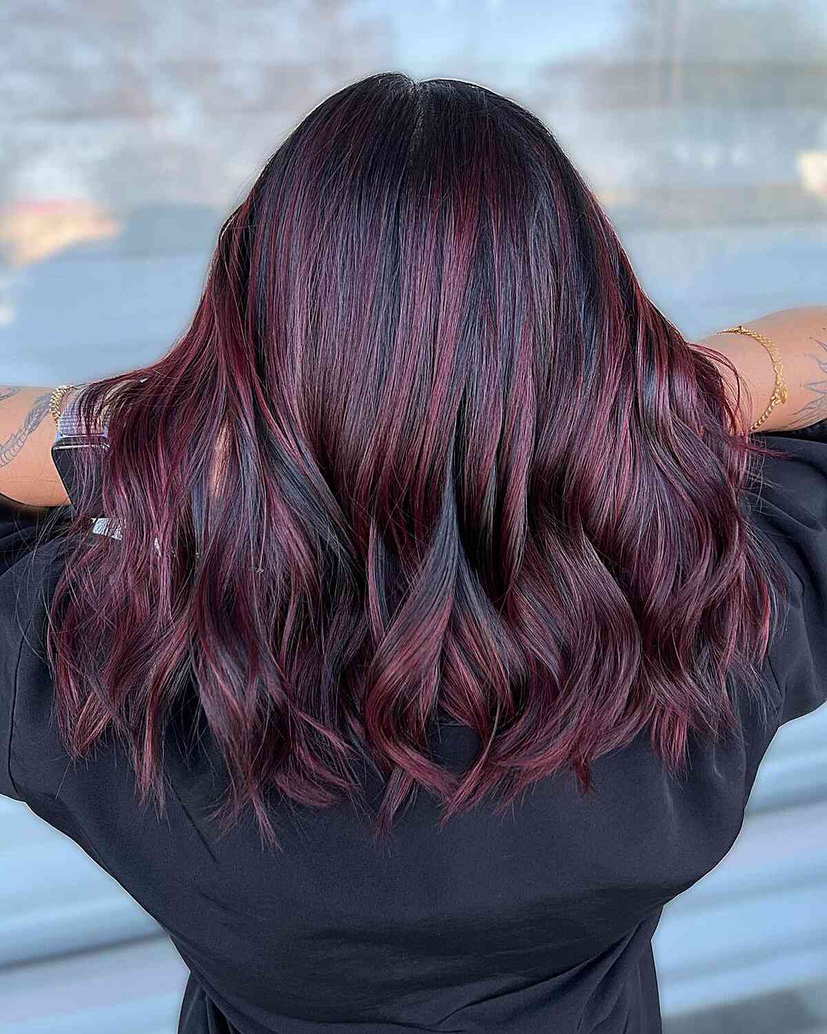 Burgundy Balayage Lowlights on Medium-Length Black Hair