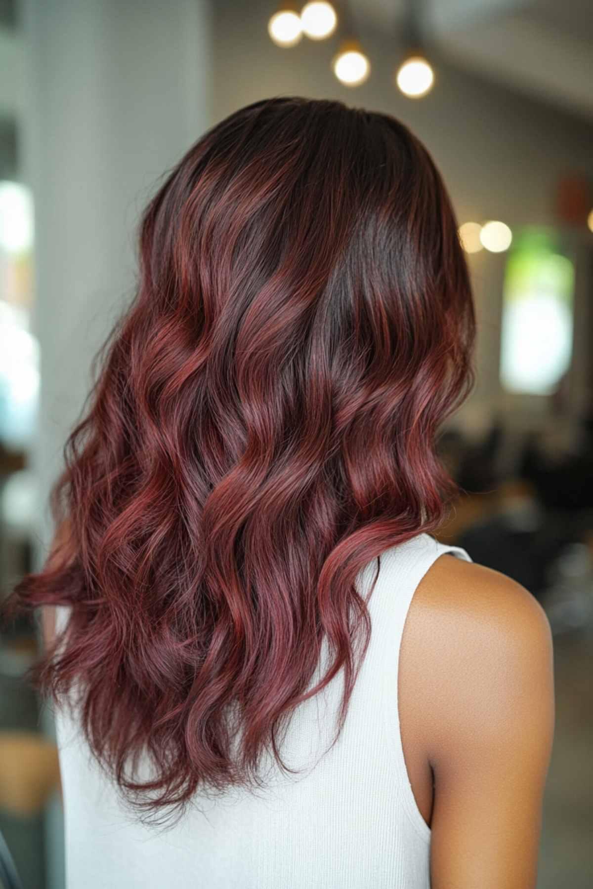 Burgundy hair with warm highlights for brown skin