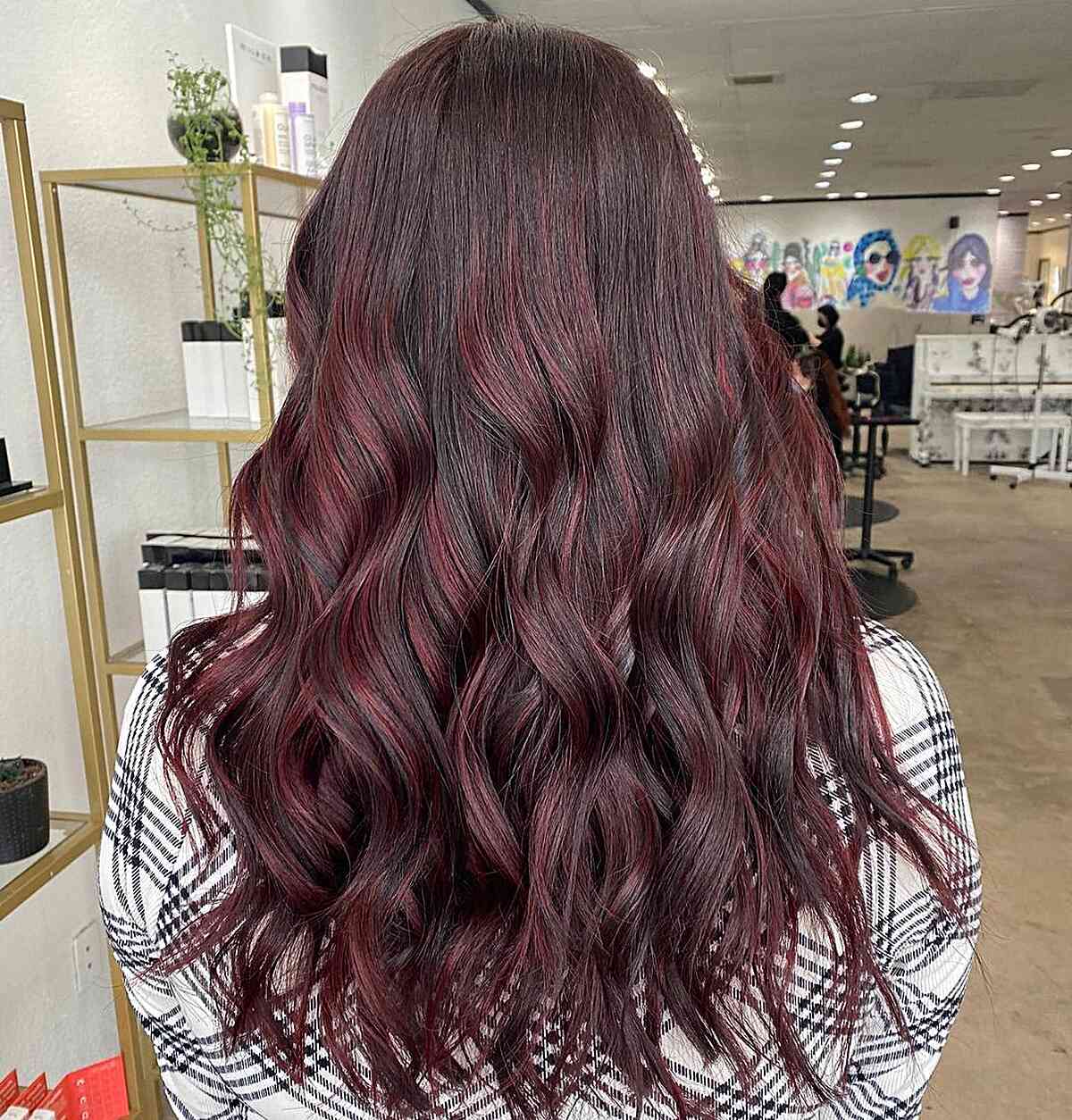 Burgundy Red Wine Balayage with Mid-Back Haircut