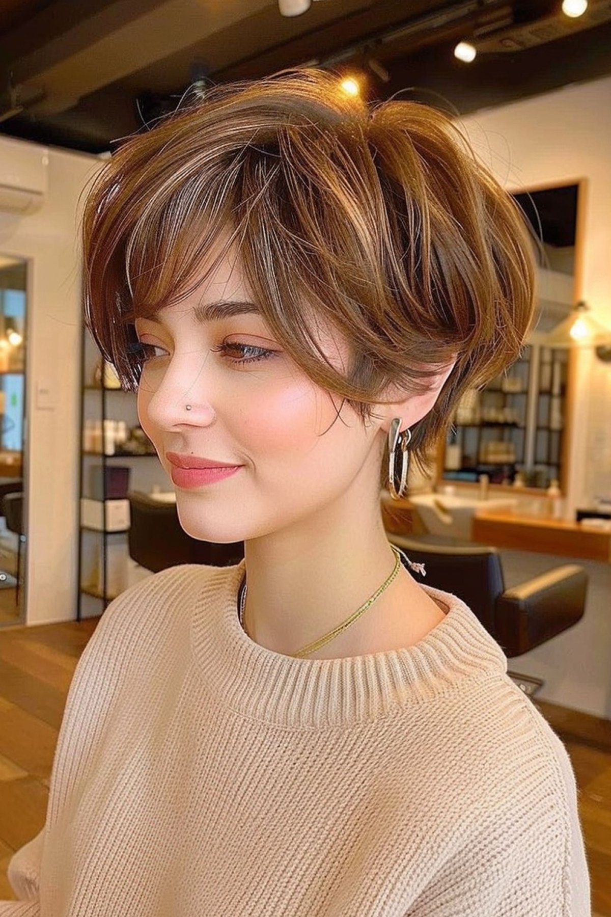 Caramel Brown Ear-Length Cut with Bangs