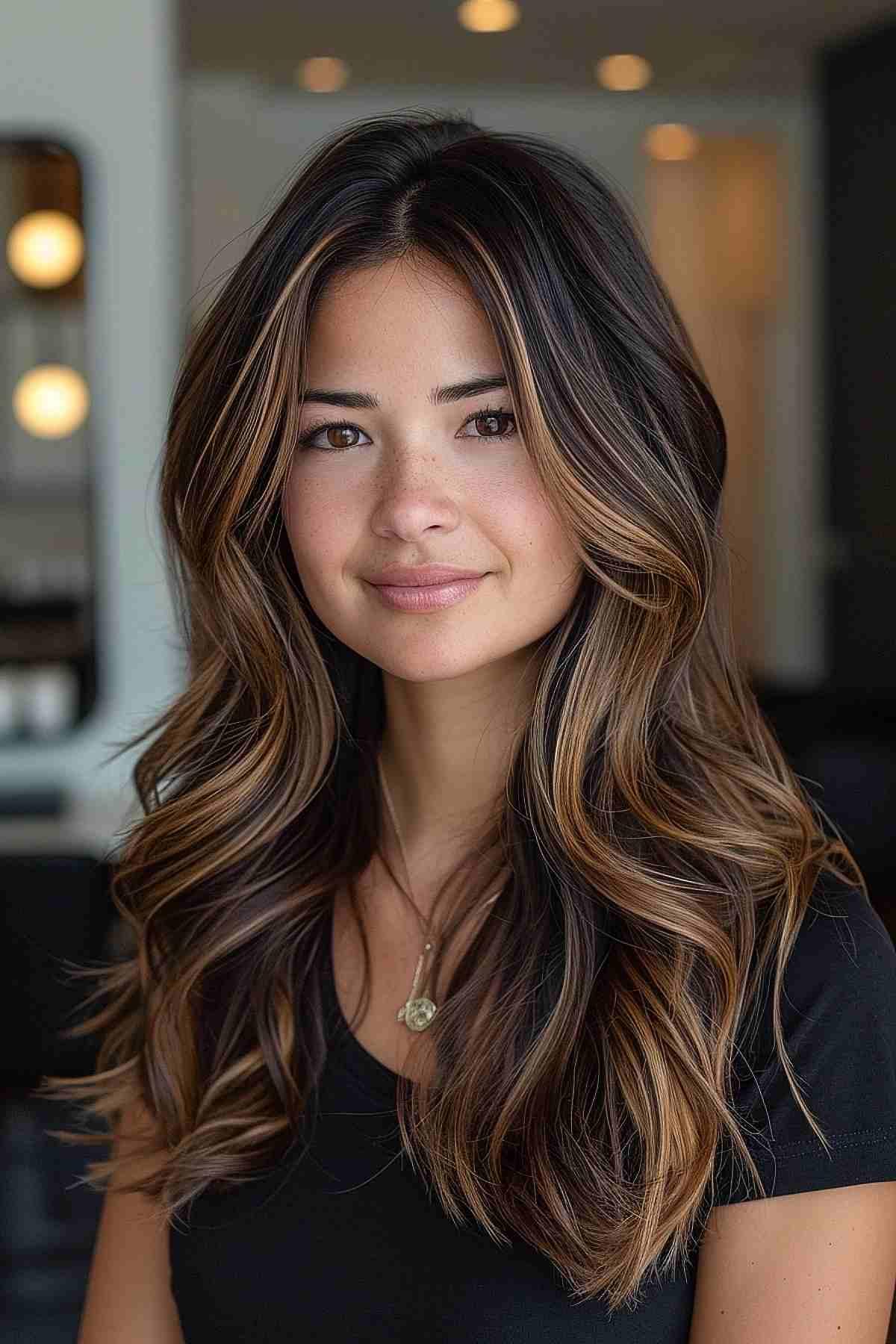 Caramel highlights on lived-in dark brown hair