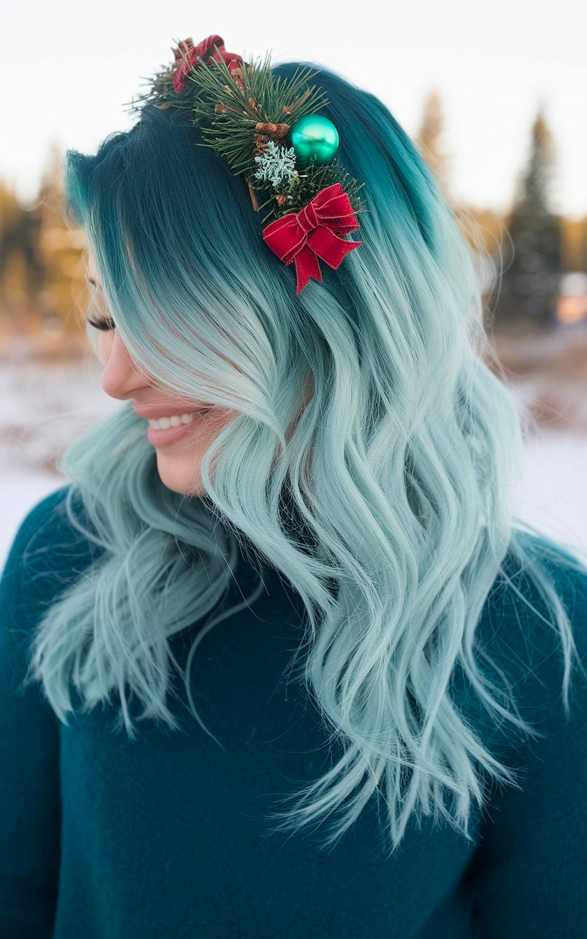 Christmas balayage hair color idea with icy blue waves and teal roots