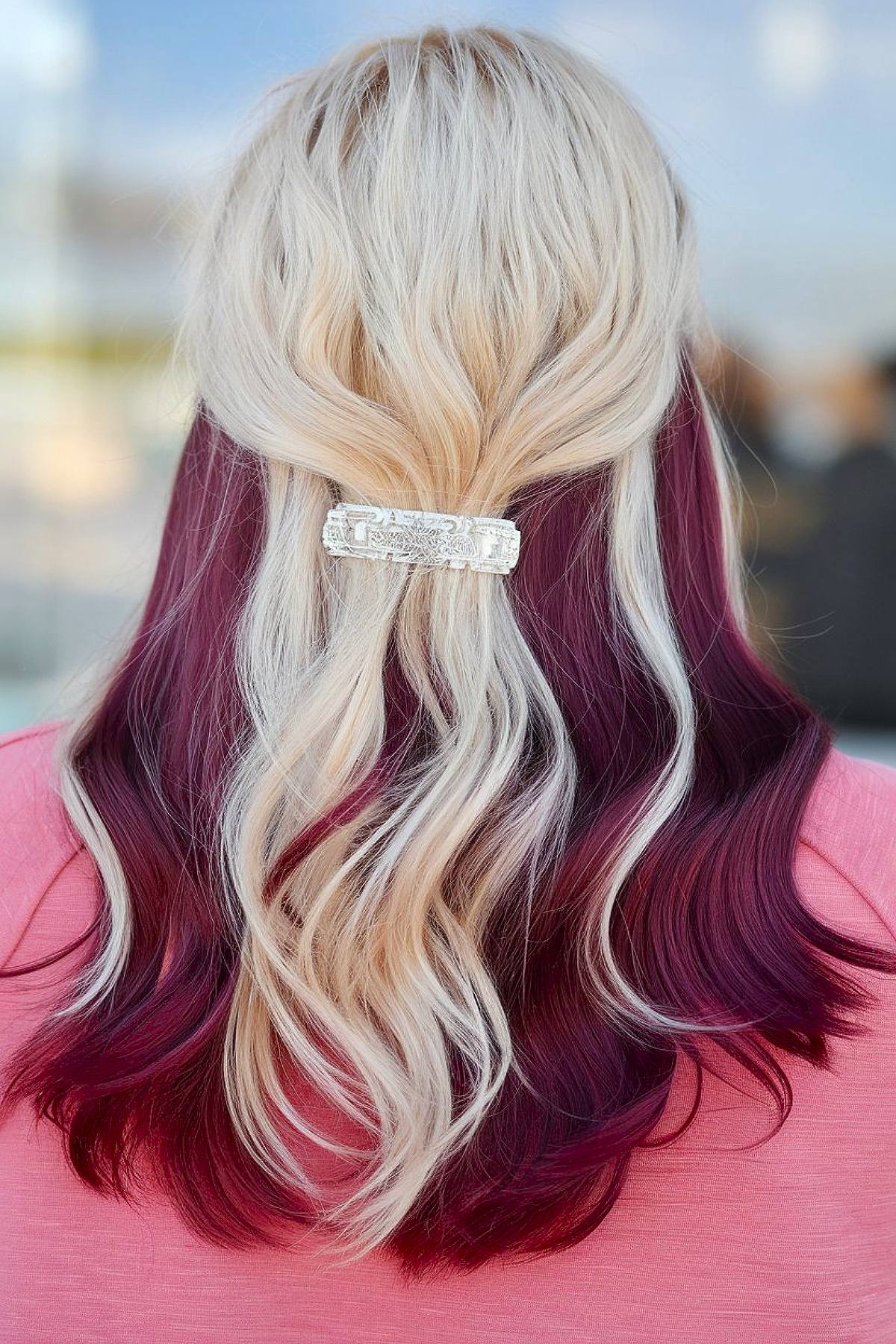 Christmas hair color idea for blondes with plum ends and half-updo