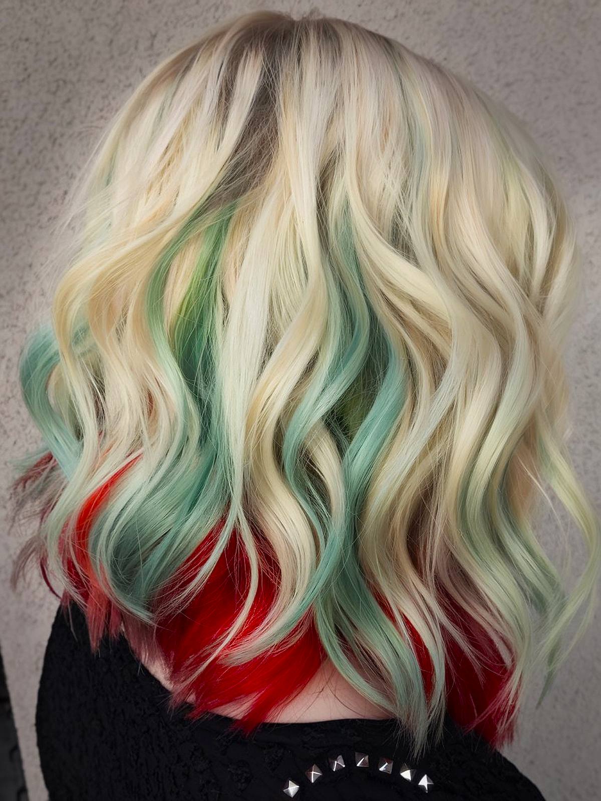 Christmas hair color idea for short blonde hair with red and green accents