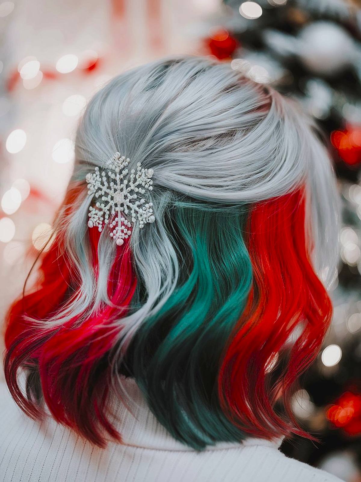 Christmas holiday hair color with silver, red, and green waves in a half-updo