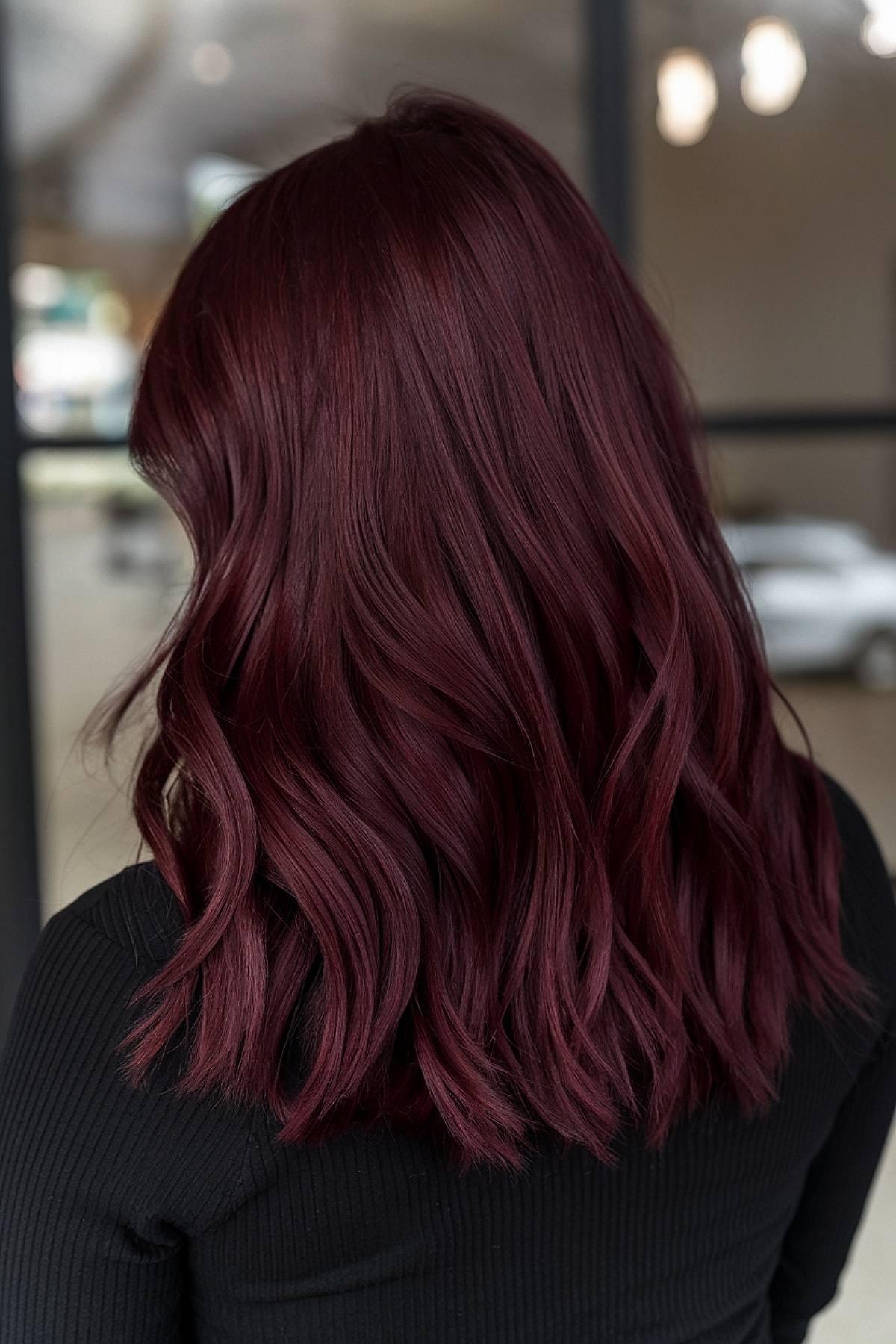 Classic wine hair color with medium-length waves