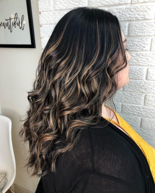 Classy Deep Caramel Highlights on Dark Hair