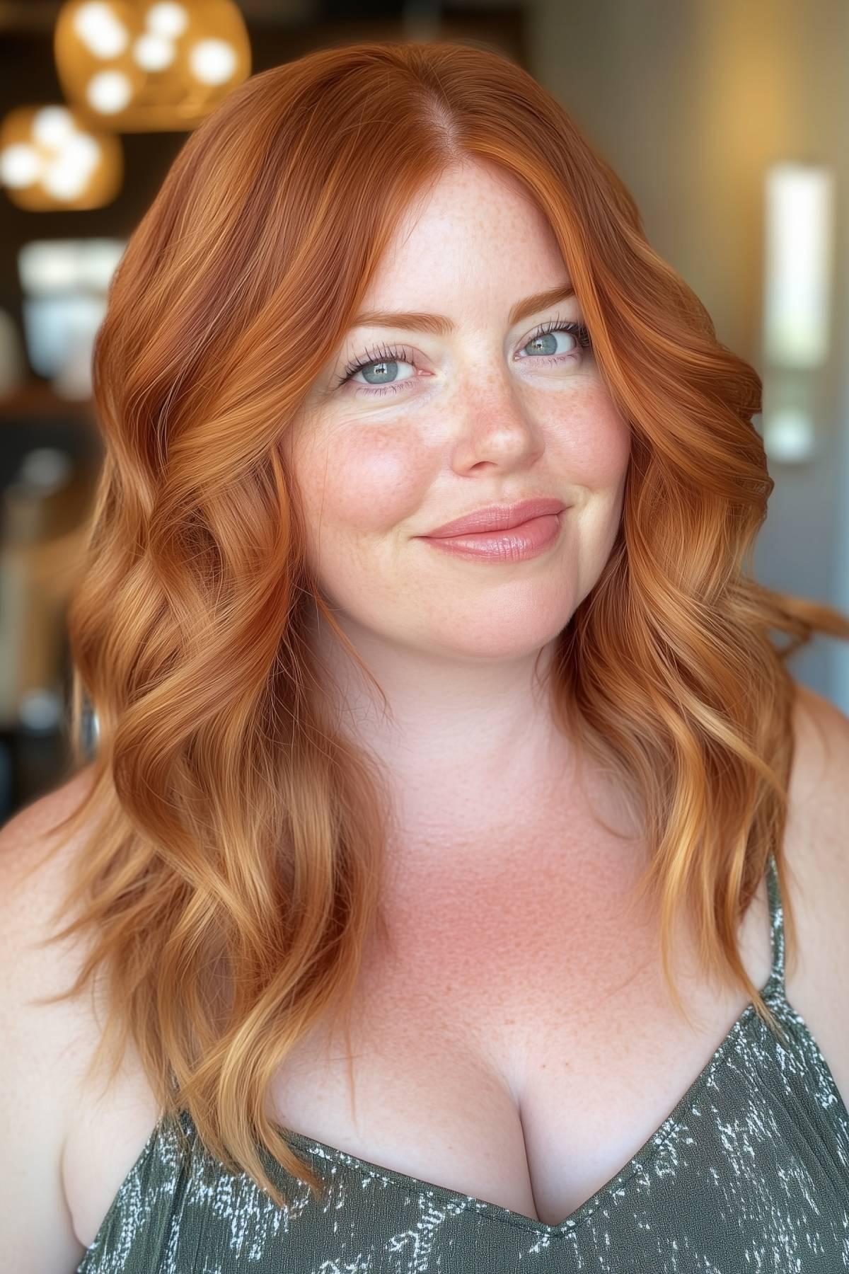 Copper waves hairstyle for pale skin with medium-length cut