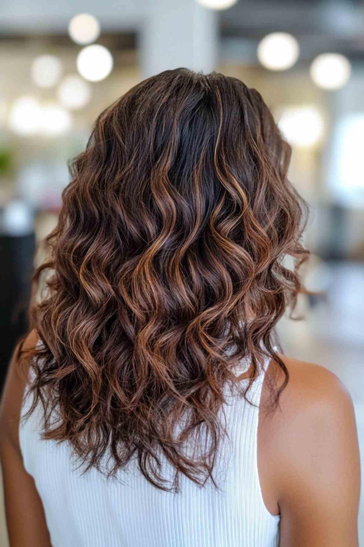 Curly brown hair with sun-kissed highlights for brown skin