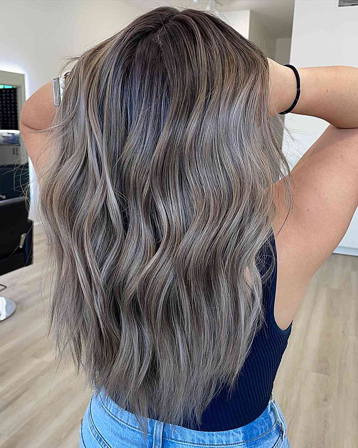 Dark Ashy Blonde Balayage for long wavy hair