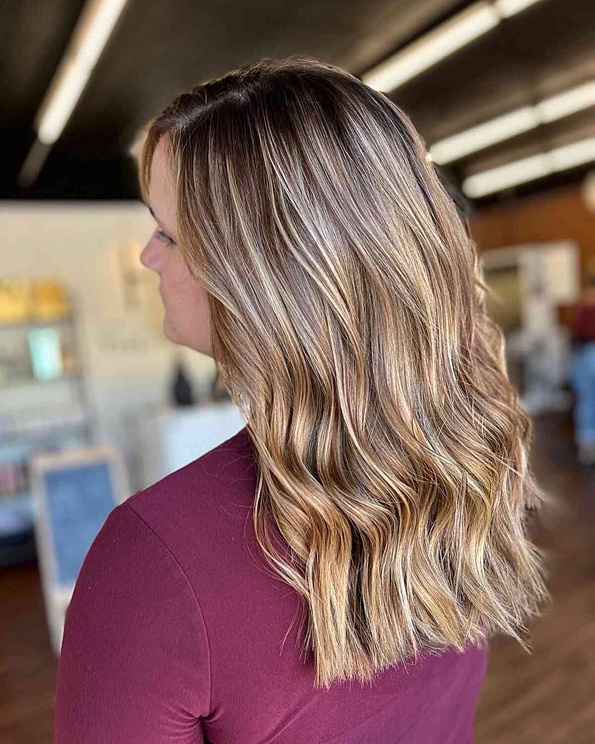 Dark brown hair with honey blonde highlights