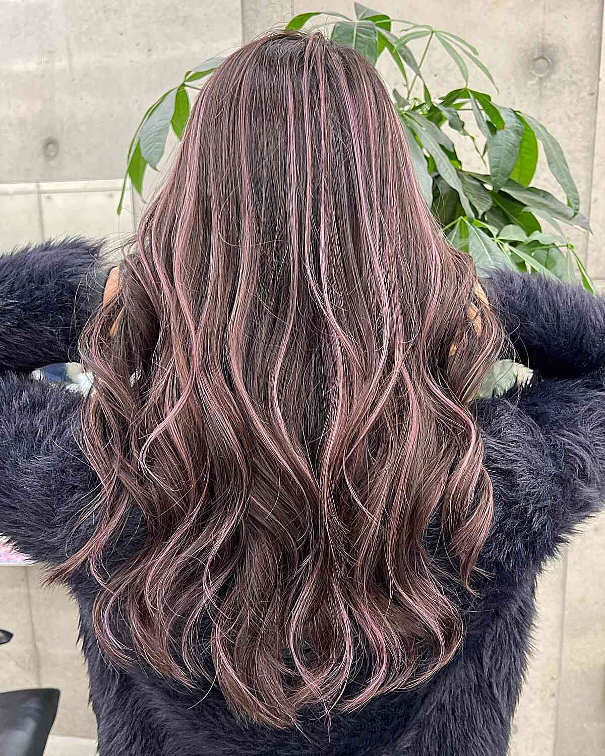 Dark Brown Long Hair with Light Pink Highlighted Streaks