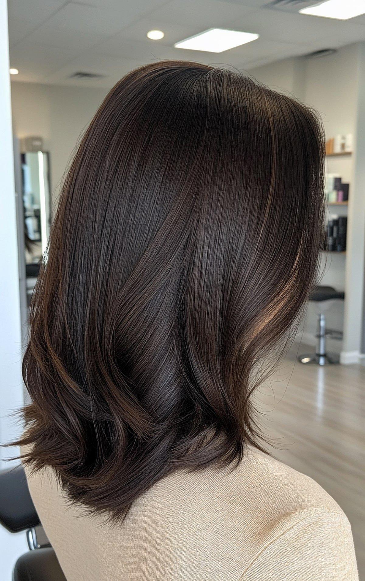 Dark chocolate brown hair color with espresso base for medium-length hair