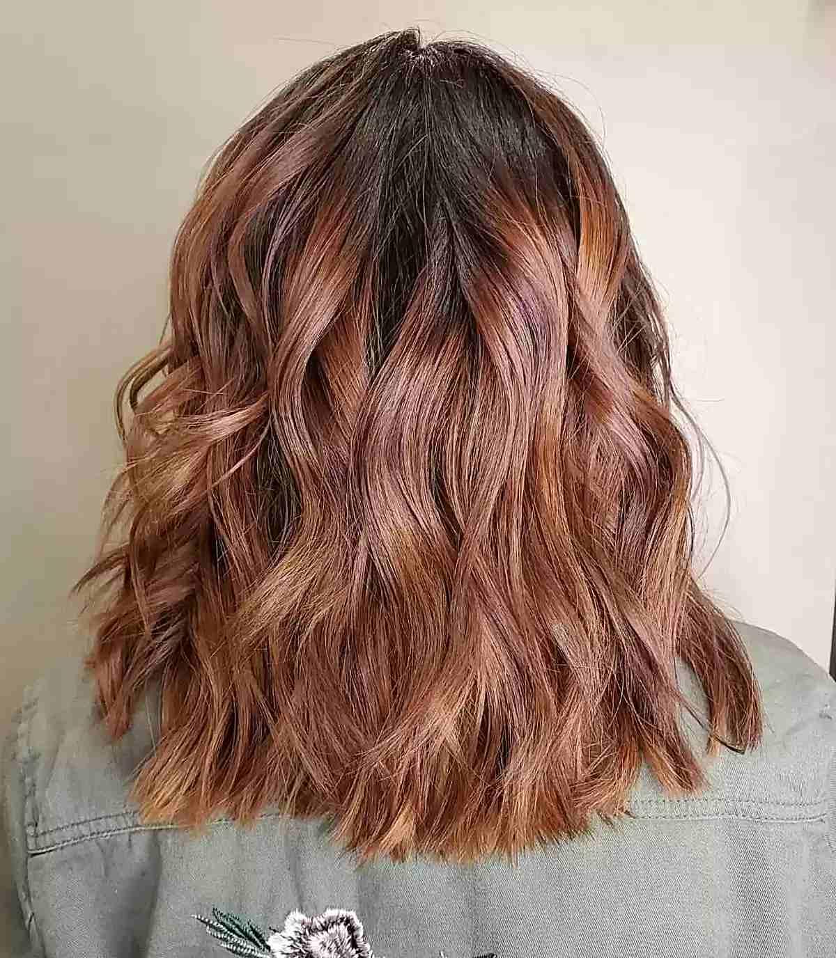 Dark-Rooted Light Auburn Balayage Caramel Medium Waves