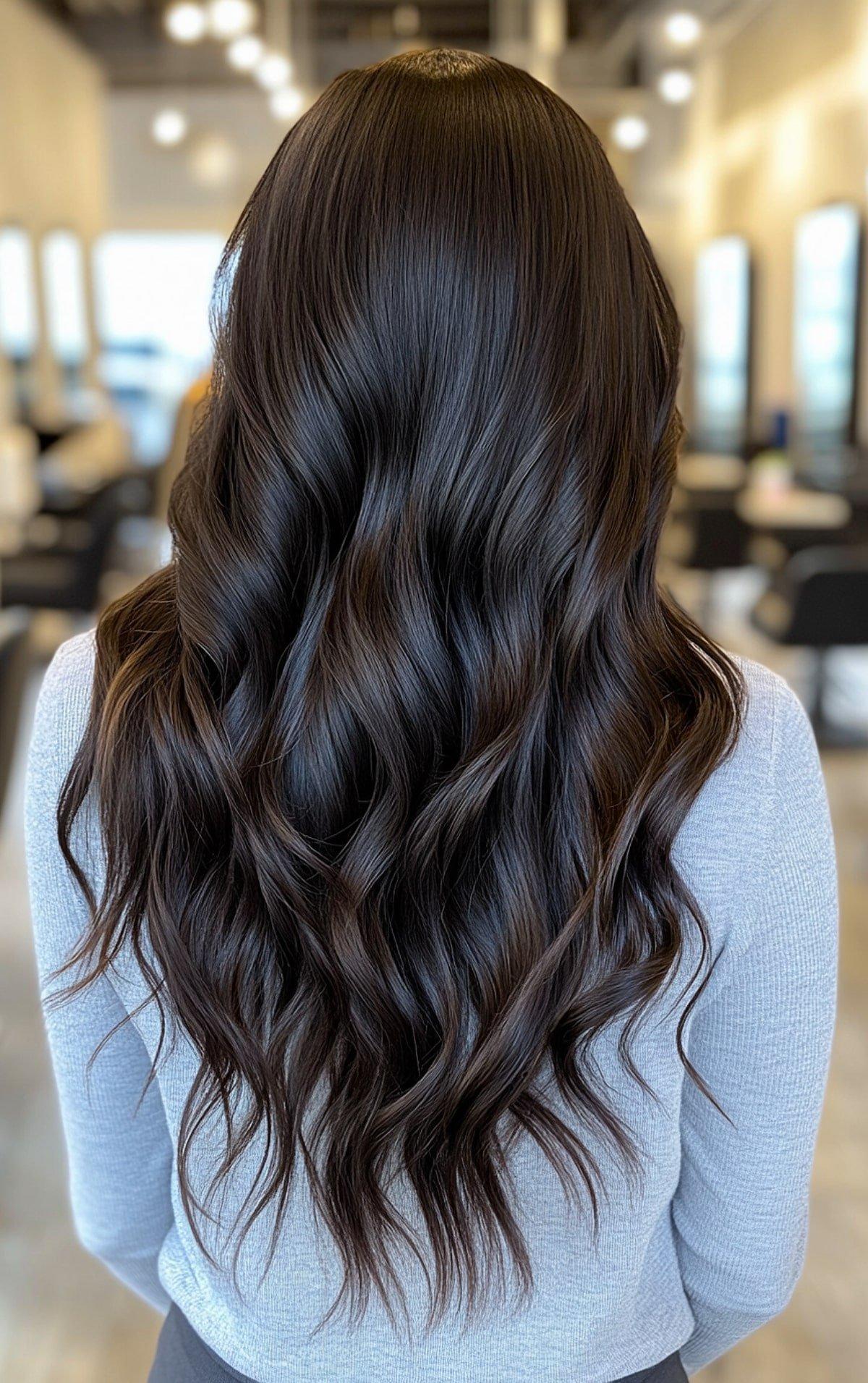 Deep espresso shade for long wavy thick hair