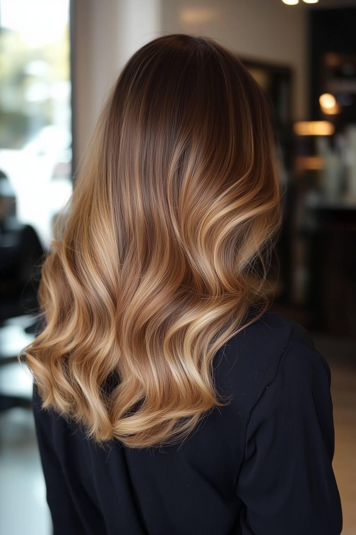 Dimensional golden blonde wavy hairstyle with dark roots