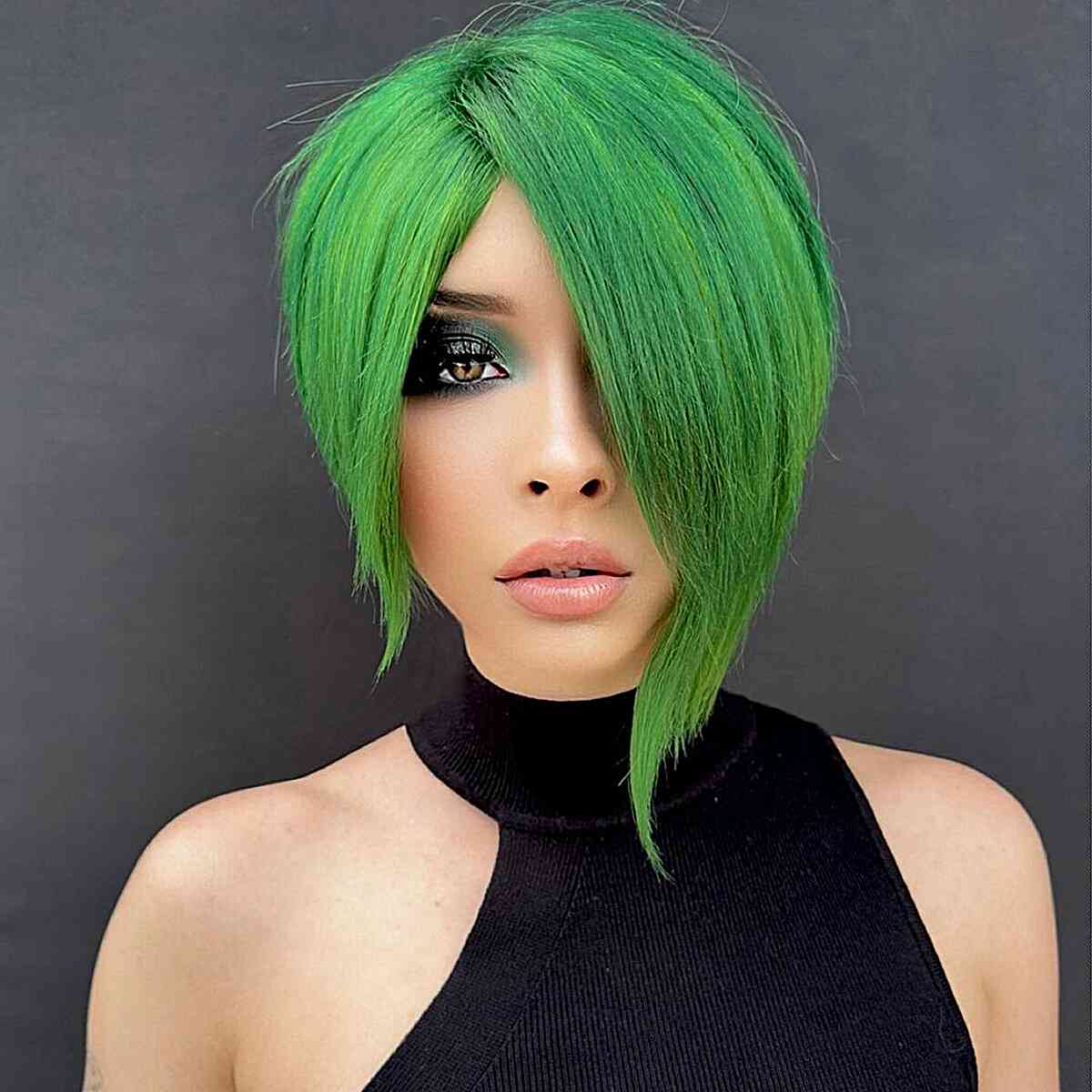 Dramatic Green Asymmetric Cut for women with an edgy style