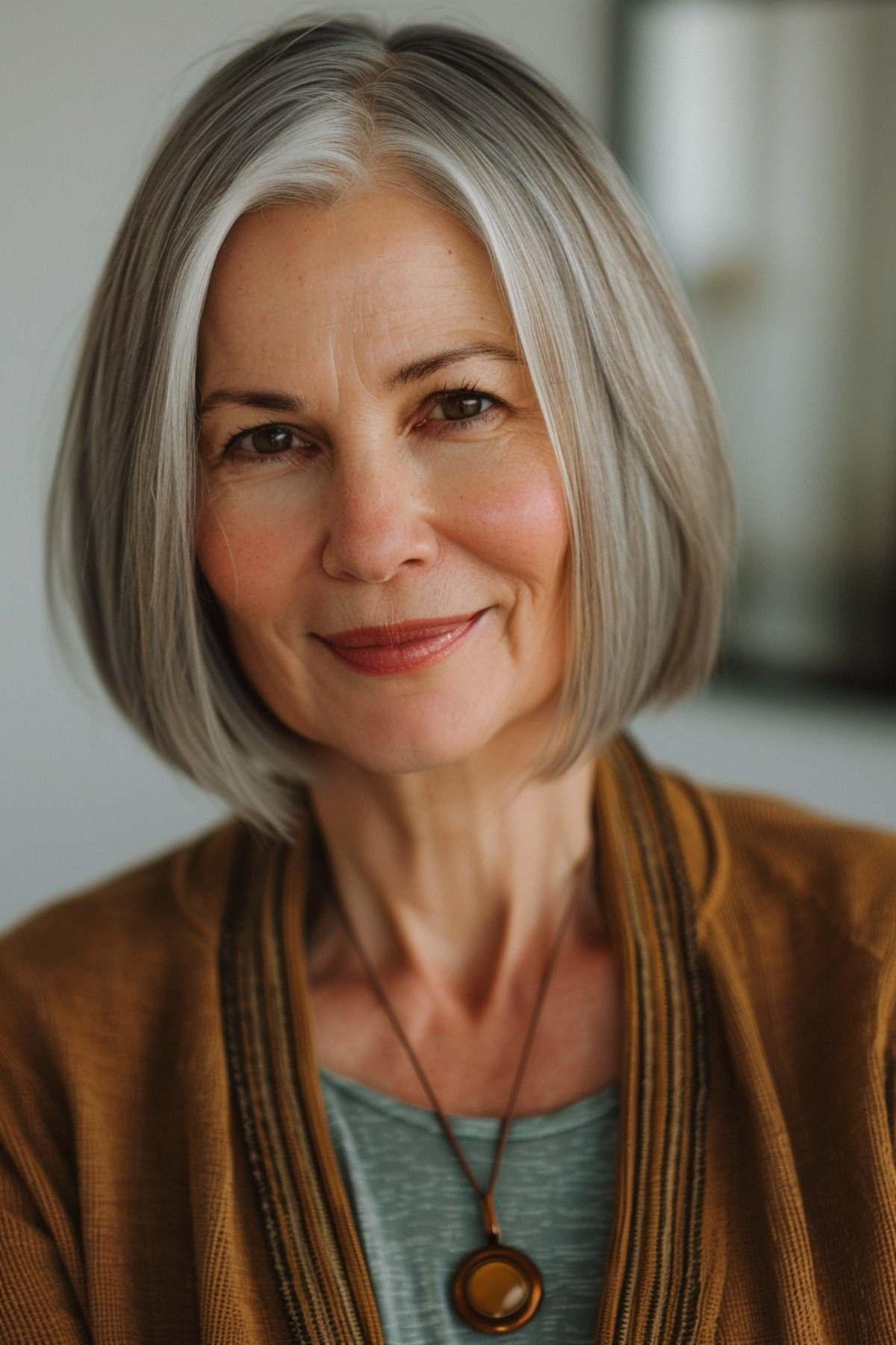 Elegant bob hairstyle with grey highlights for older women