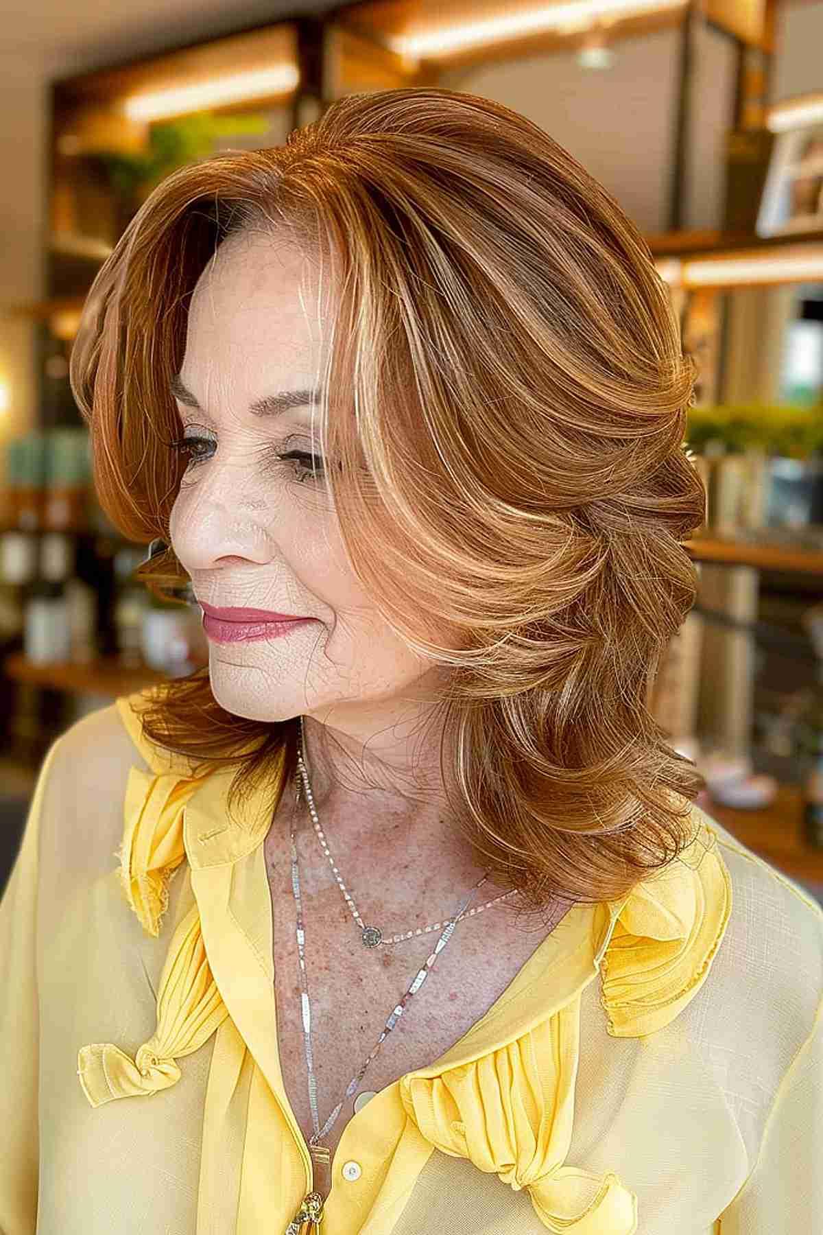 Elegant honey-blonde layered hairstyle with dark red lowlights for women over 70.