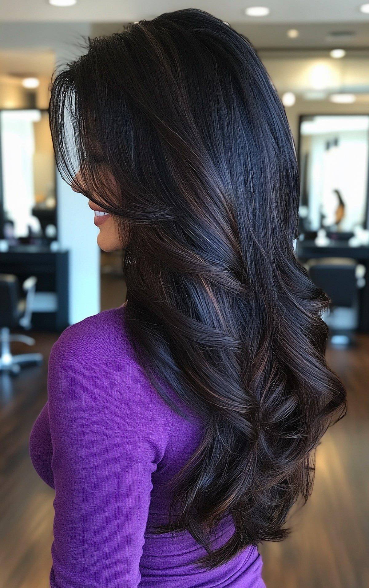 Espresso black hair color with long voluminous layers for thick hair