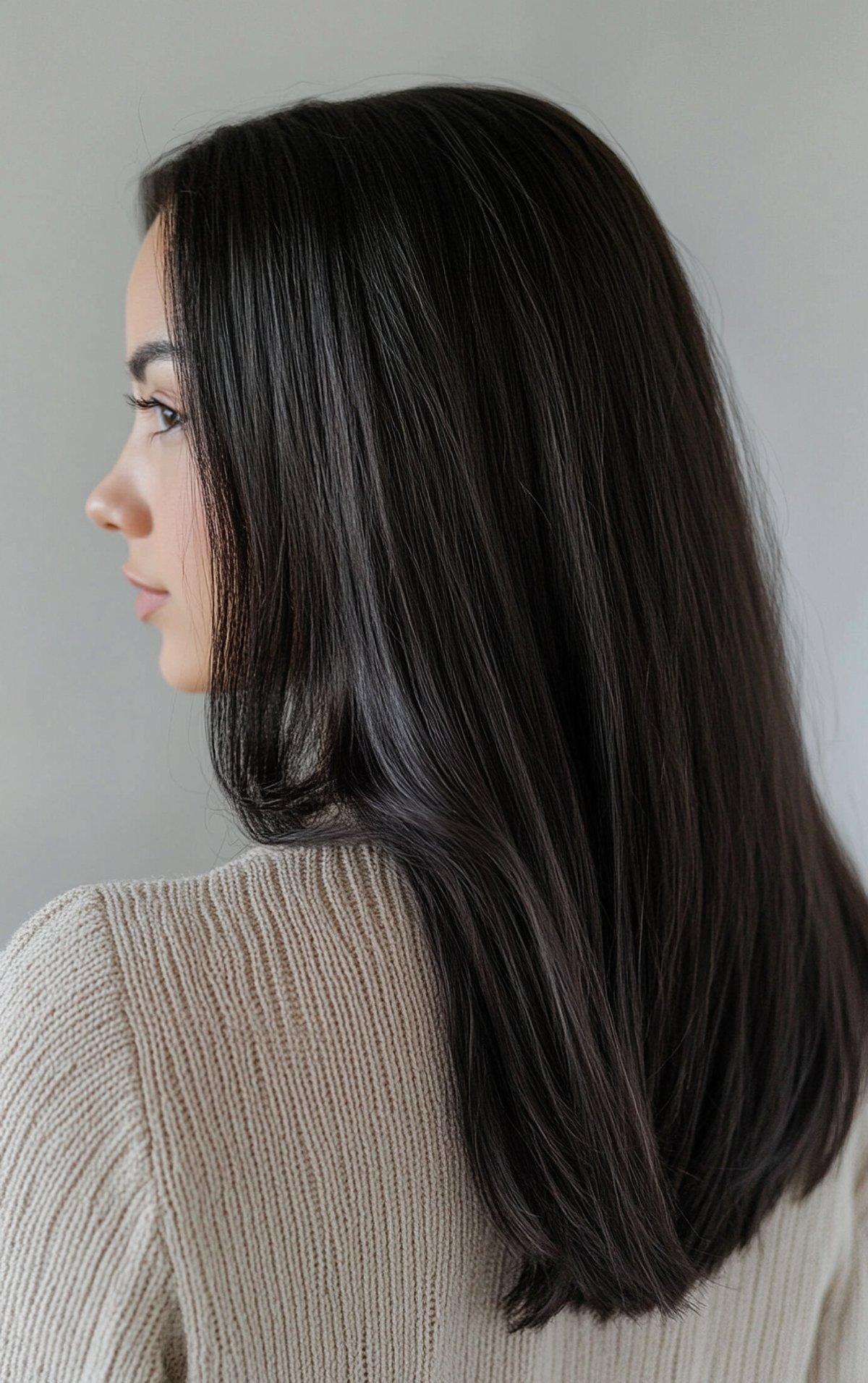 Espresso hair color idea for brunettes with sleek straight medium-length hair