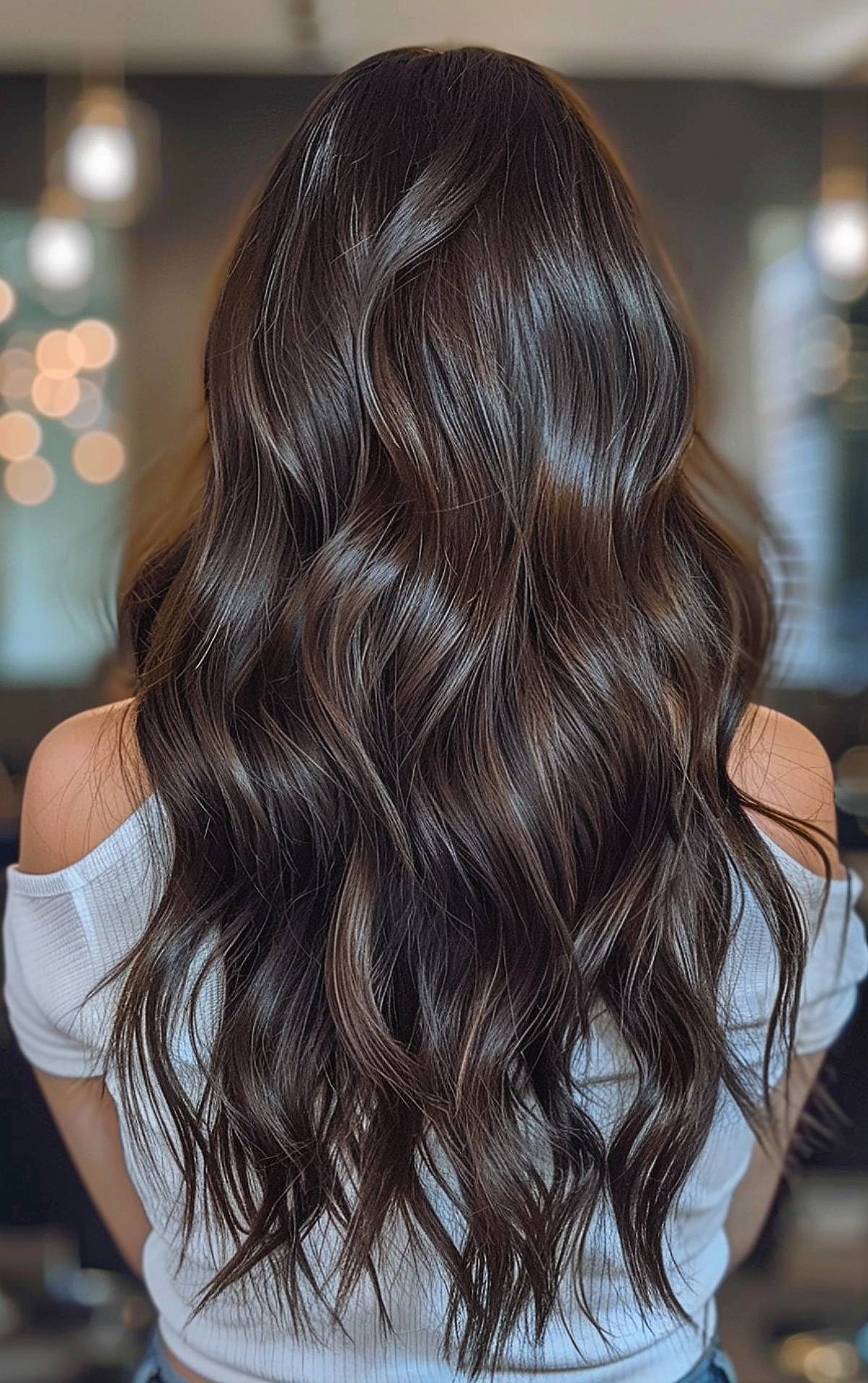 Espresso hair color idea for long wavy hair