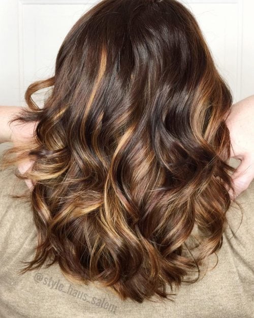 Flirty Brunette Hair with Strawberry Blonde Highlights