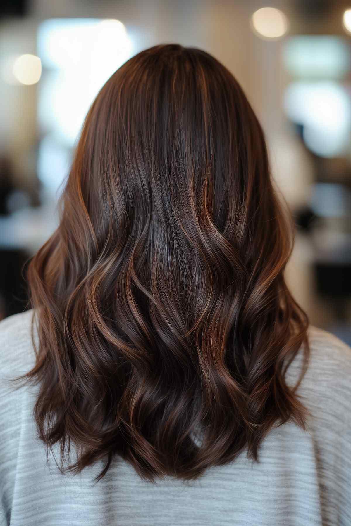 Hair with subtle red brown highlights for low maintenance color