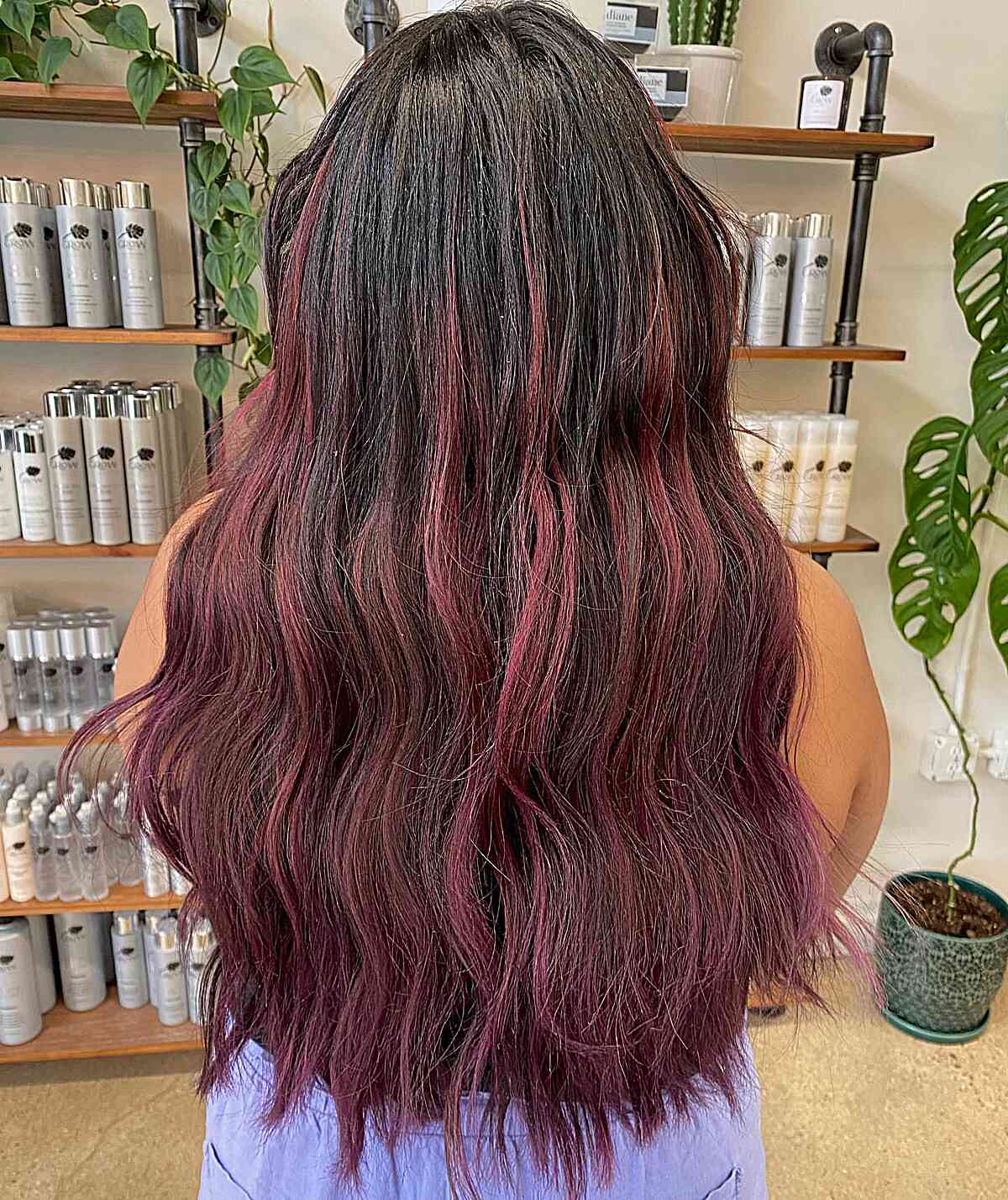 Light Burgundy Balayage on Very Long Black Hair