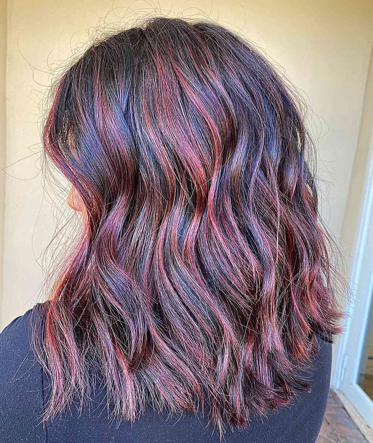 Light Burgundy Balayage Red Highlights on Mid-Length Dark Hair