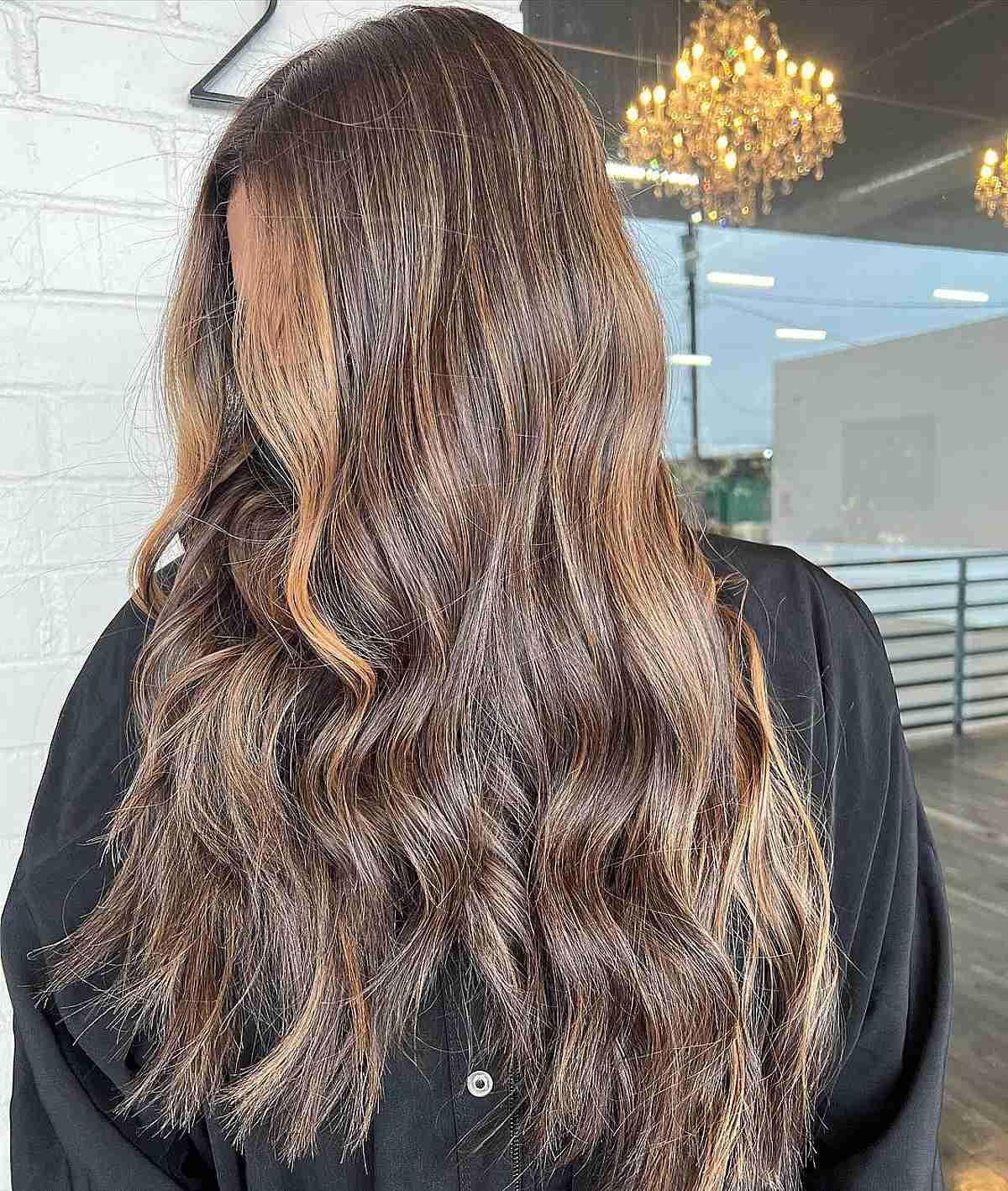 Light Caramel Balayage on Light Brown Hair with Highlights for Long-Length Cut with Jagged Ends