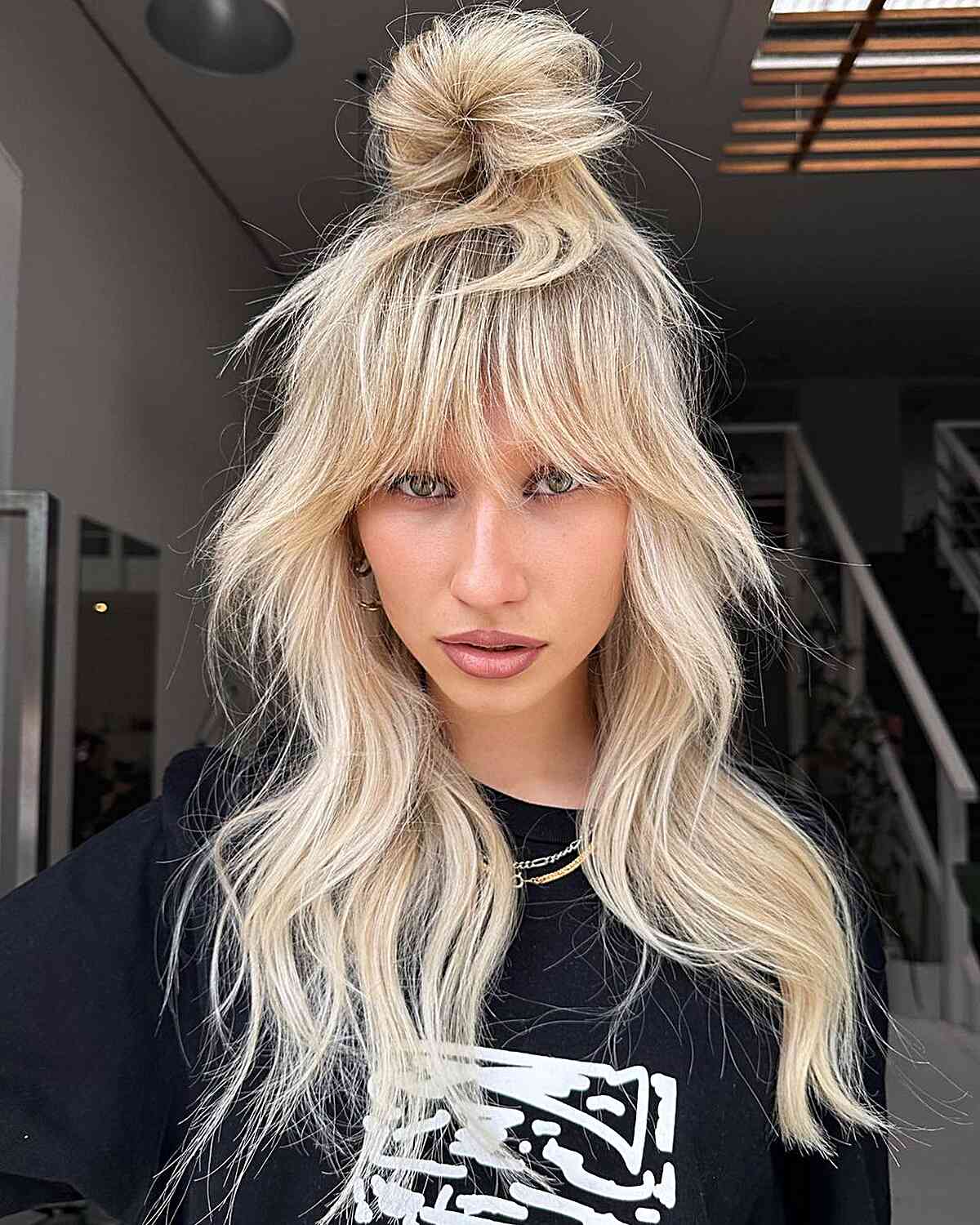 Long Blonde Half Updo Hairstyle with Bangs