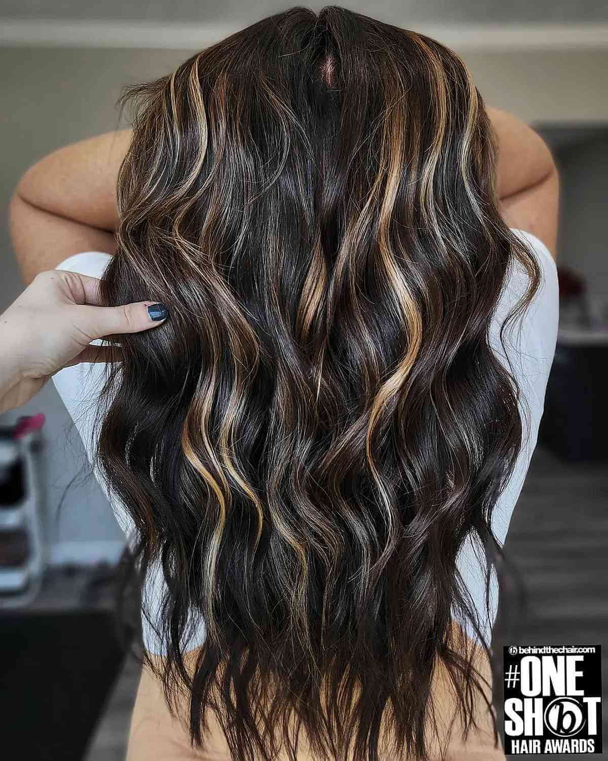 Long Dark Brunette Hair with Chunky Blonde Highlights